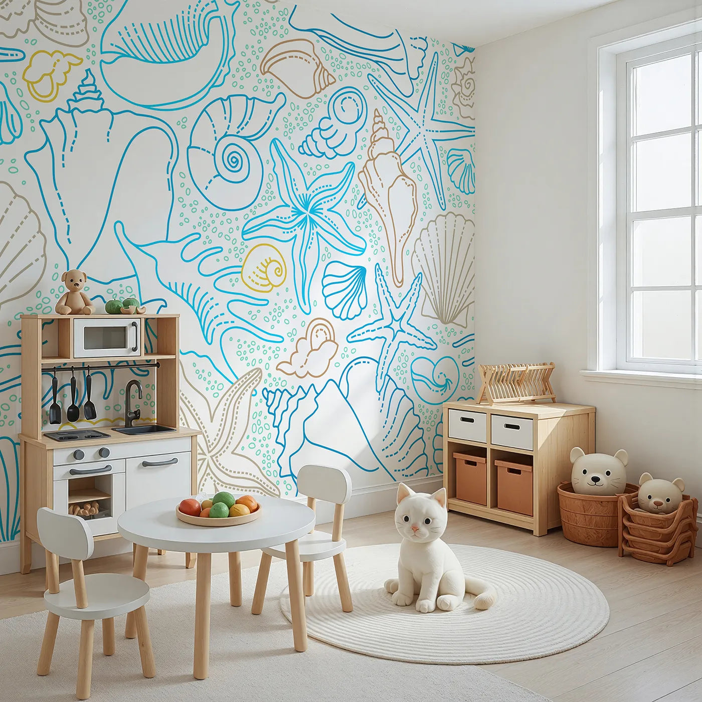Angled view of Whimsy Tots' Seashell Sketch Wall Mural (Turn Their Room into a Treasure Trove from the Sea).Gender-Neutral