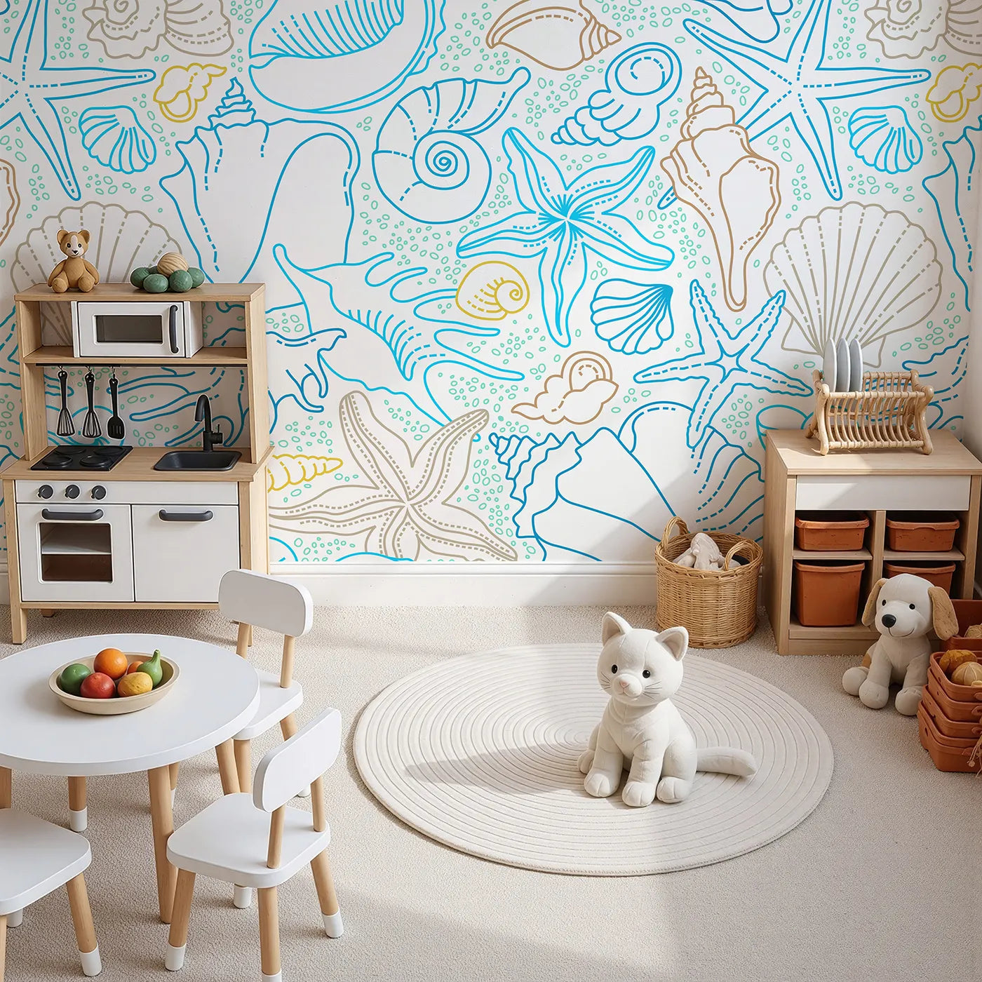 Top-down view of Whimsy Tots' Seashell Sketch Wall Mural (Turn Their Room into a Treasure Trove from the Sea).Gender-Neutral