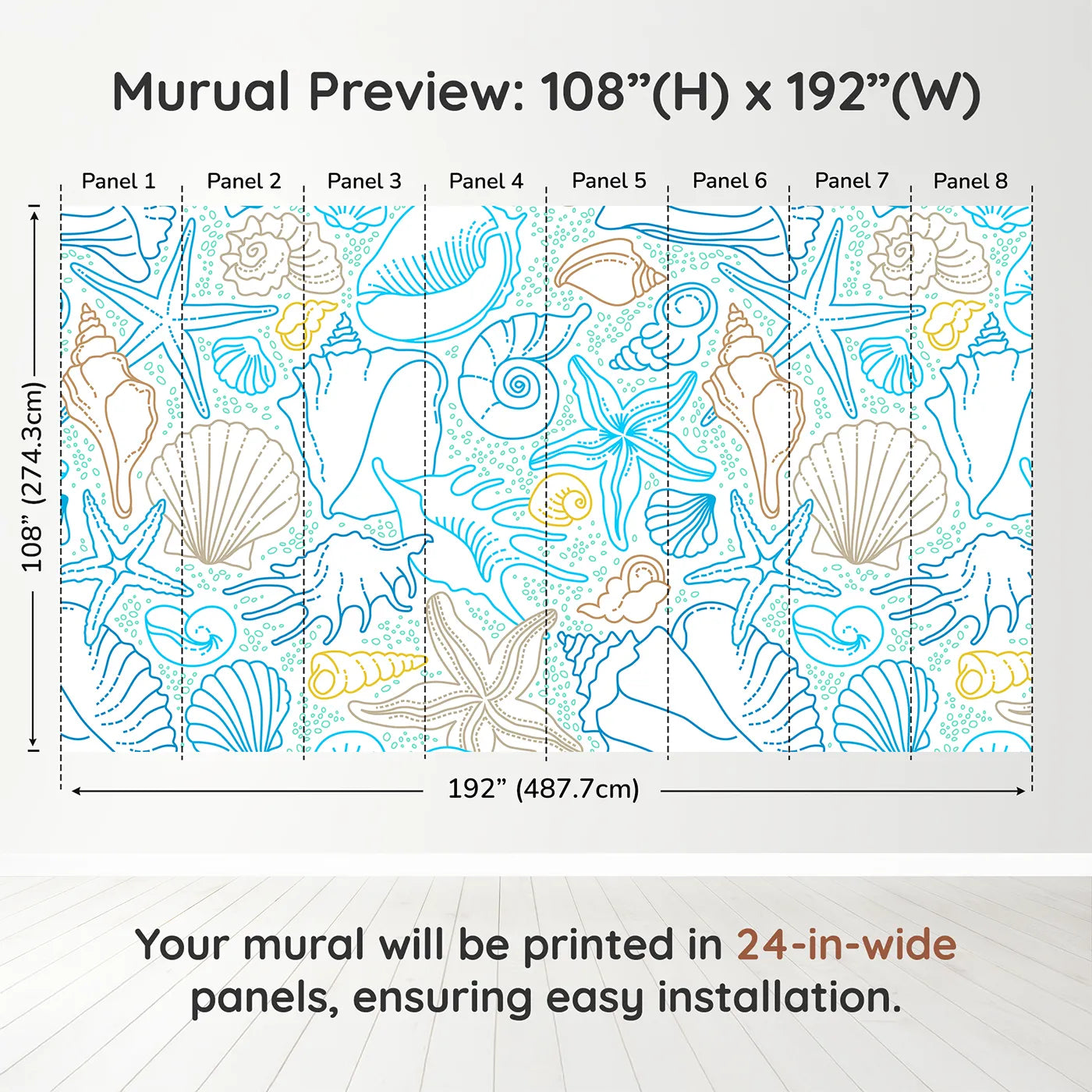 Whimsy Tots Seashell Sketch Wall Muraldimension view (108" H x 192" W). Printed in eight 24-inch-wide panels. Gender-Neutral