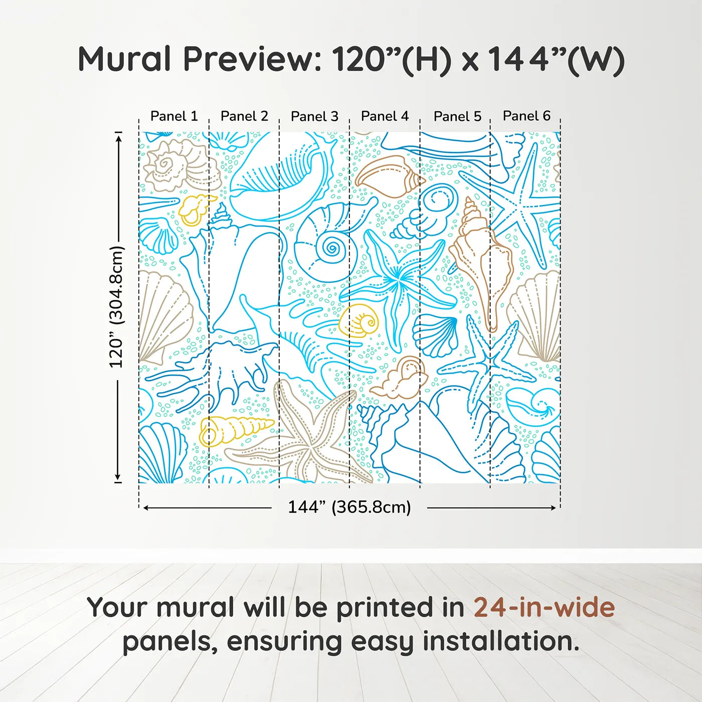 Whimsy Tots Seashell Sketch Wall Muraldimension view (120" H x 144" W). Printed in six 24-inch-wide panels. Gender-Neutral