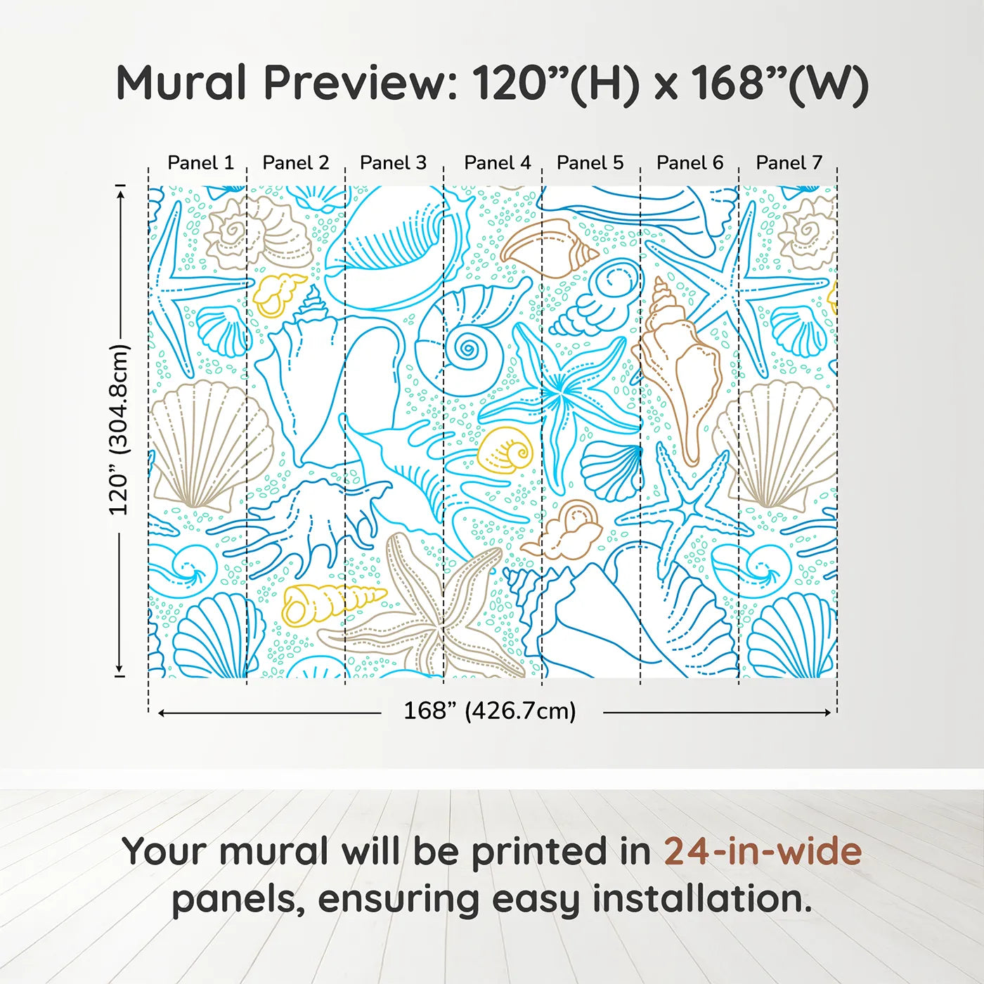 Whimsy Tots Seashell Sketch Wall Muraldimension view (120" H x 168" W). Printed in seven 24-inch-wide panels. Gender-Neutral