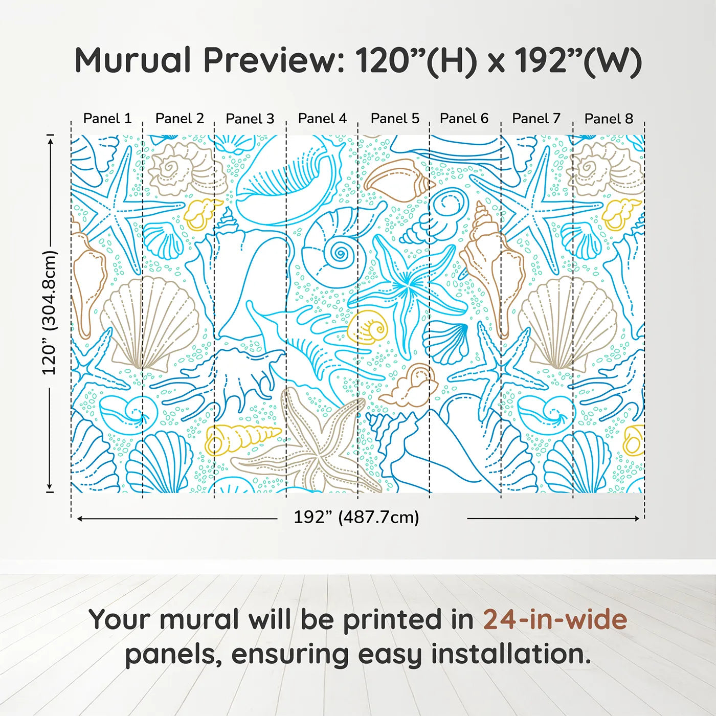 Whimsy Tots Seashell Sketch Wall Muraldimension view (120" H x 192" W). Printed in eight 24-inch-wide panels. Gender-Neutral