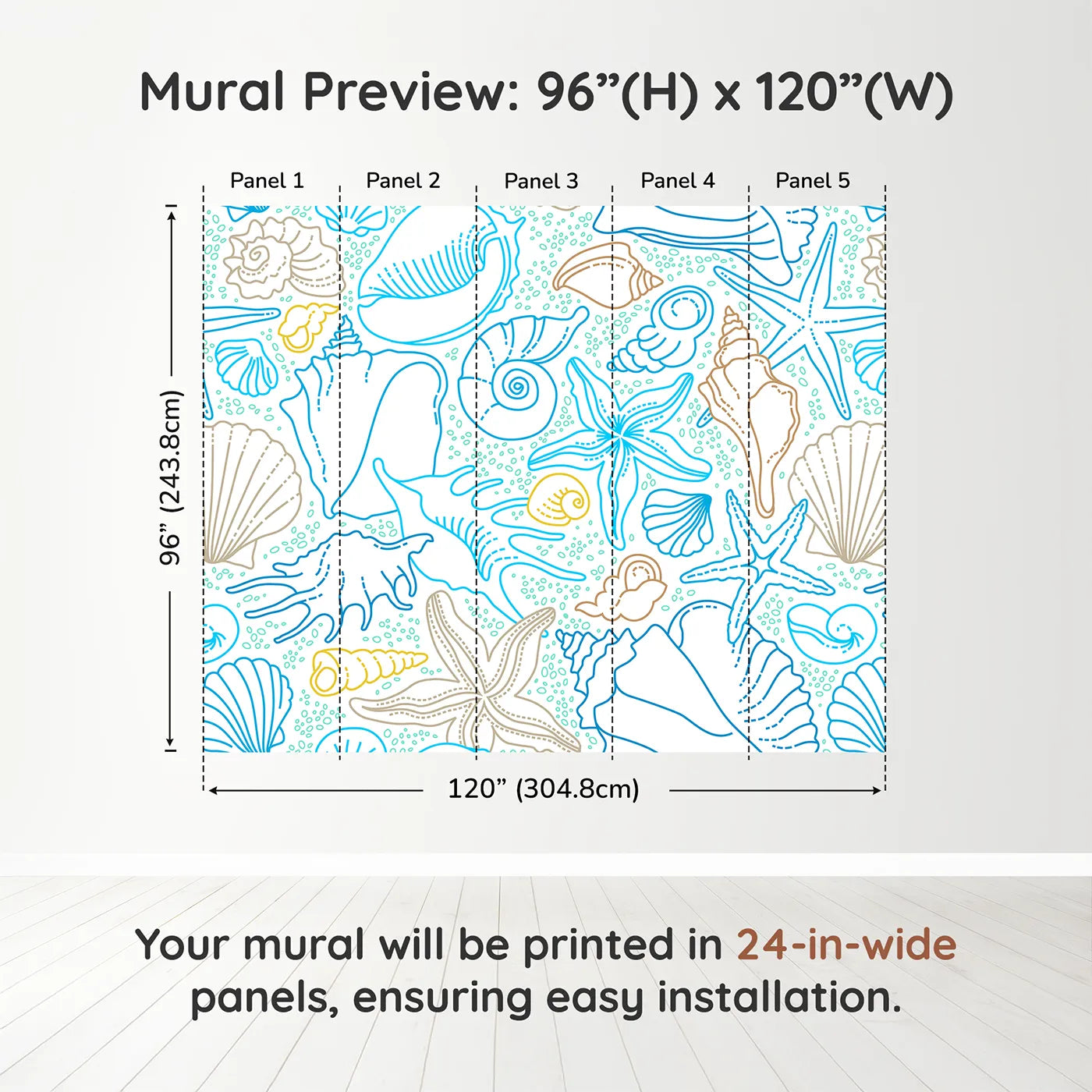 Whimsy Tots Seashell Sketch Wall Muraldimension view (96" H x 120" W). Printed in five 24-inch-wide panels. Gender-Neutral