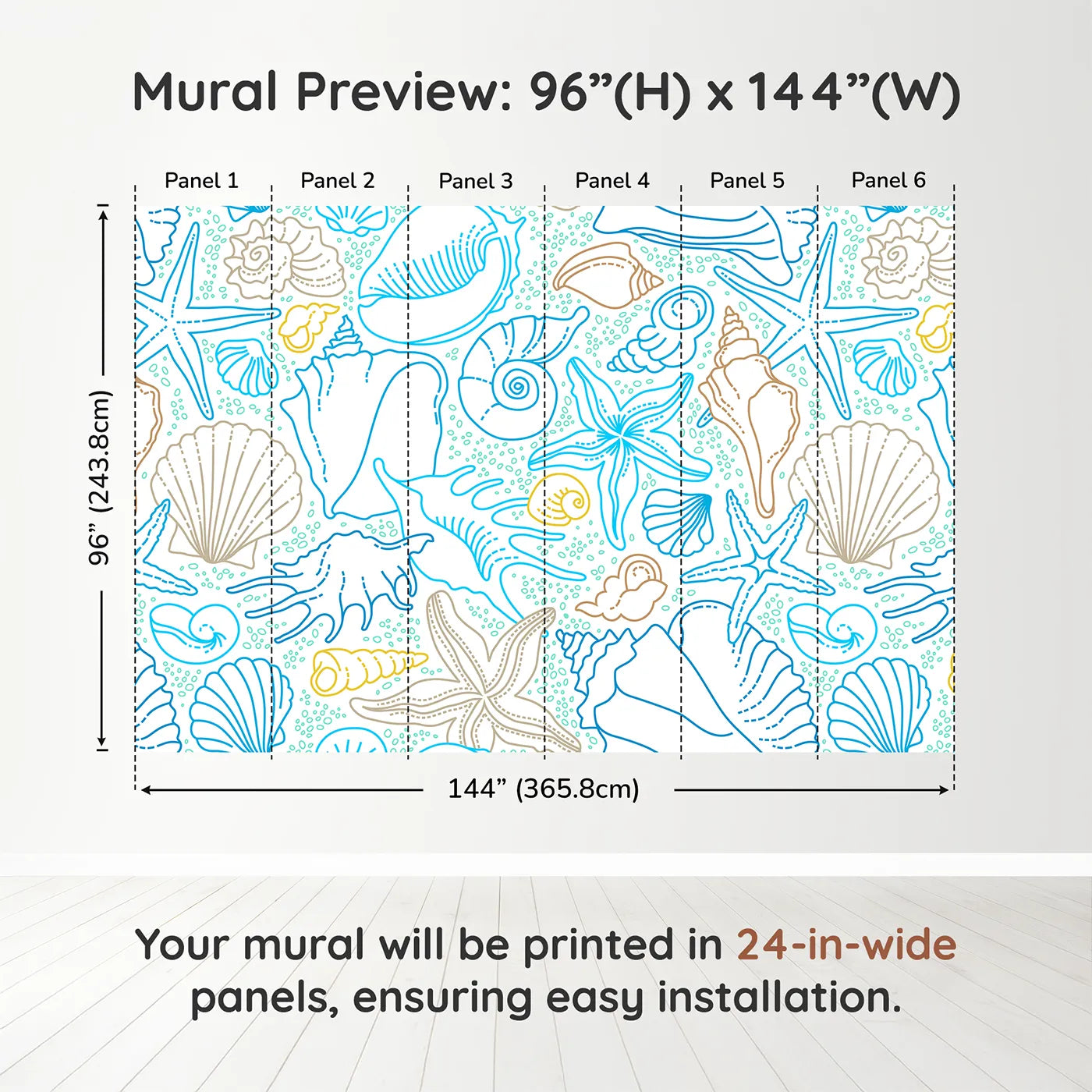 Whimsy Tots Seashell Sketch Wall Muraldimension view (96" H x 144" W). Printed in six 24-inch-wide panels. Gender-Neutral