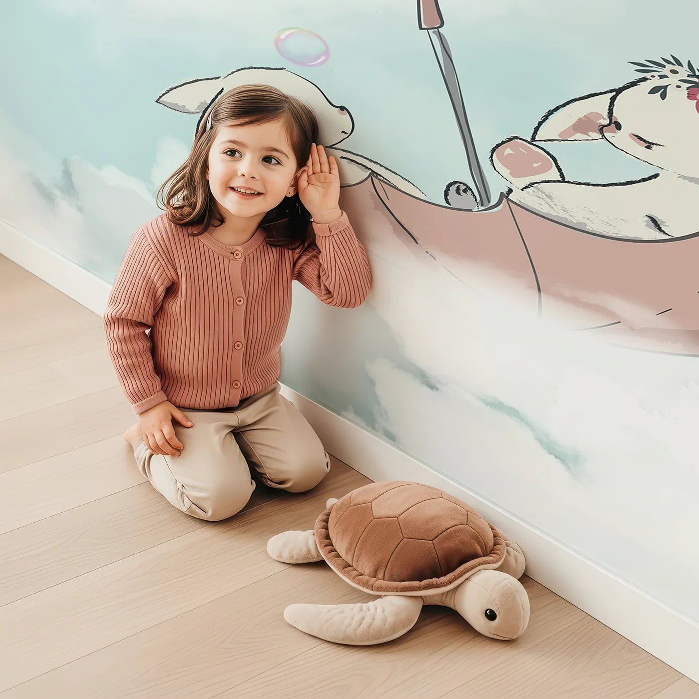 Child in front of Whimsy Tots Sky High Friends Wall Mural in Blue with animal, balloon, castle, cloud, cute, fantasy, rabbit, whimsical in design.