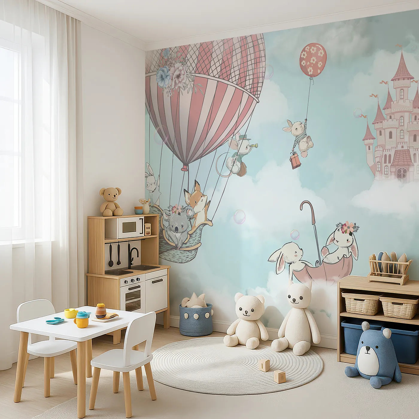 Angled view of Whimsy Tots' Sky High Friends Wall Mural in Blue (Turn Their Room into a Sweet Fairytale Adventure).Best for Girls