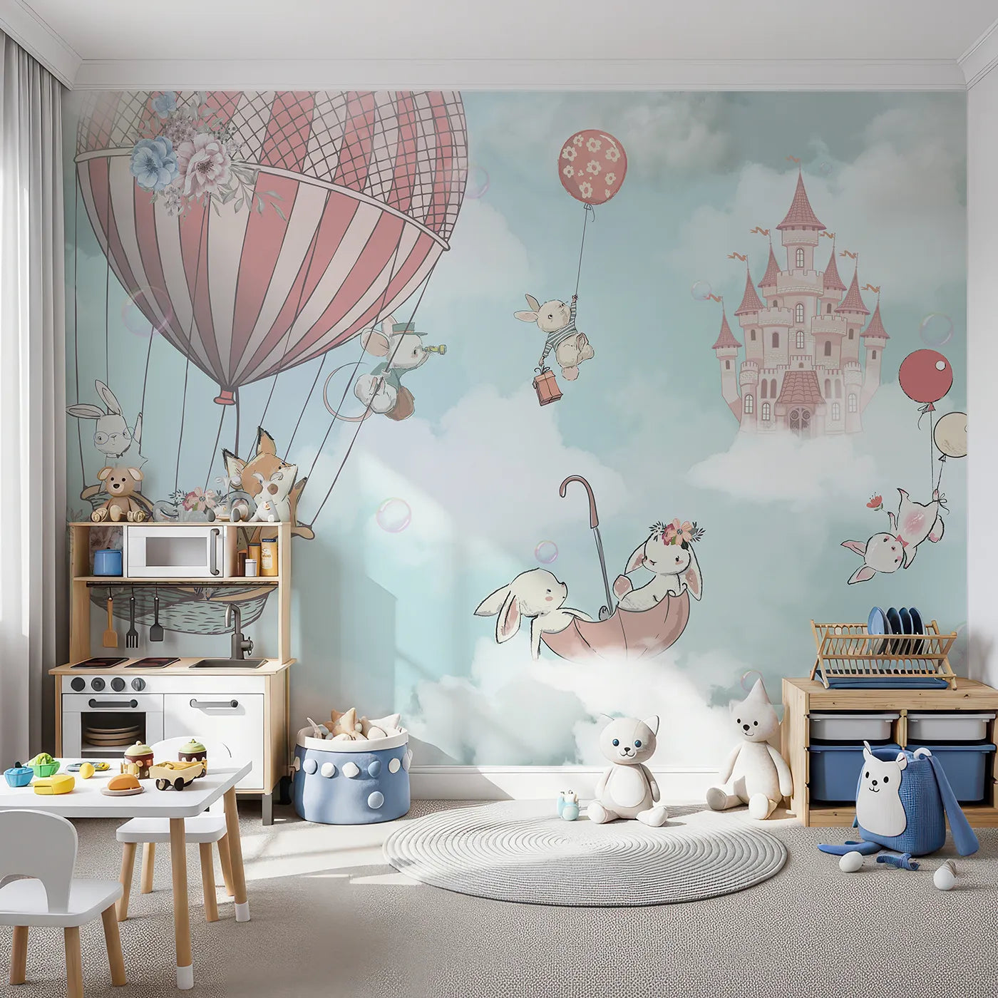 Front view of Whimsy Tots' Sky High Friends Wall Mural in Blue