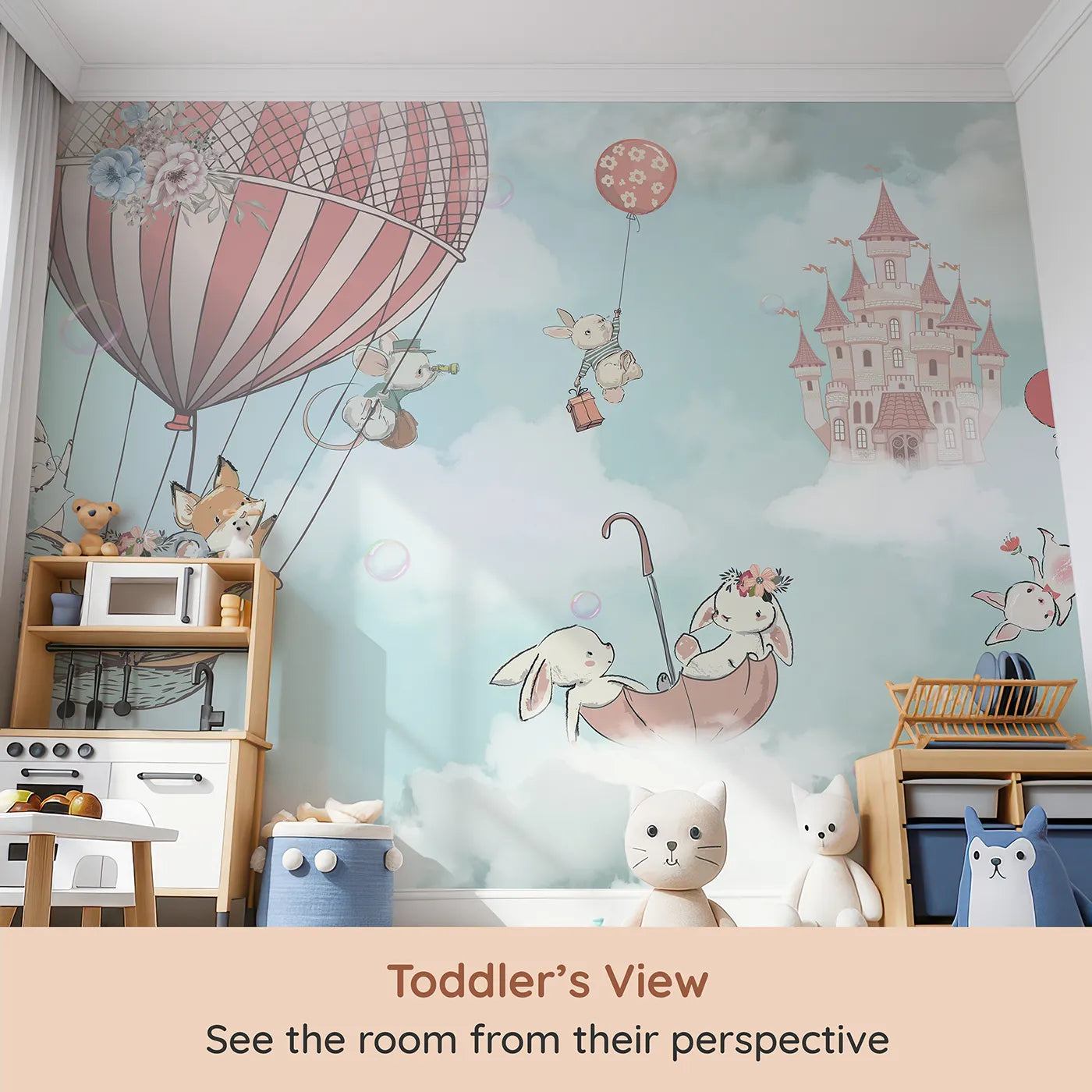 Whimsy Tots Sky High Friends Wall Mural in Blue (Turn Their Room into a Sweet Fairytale Adventure) from your child's view.Best for Girls