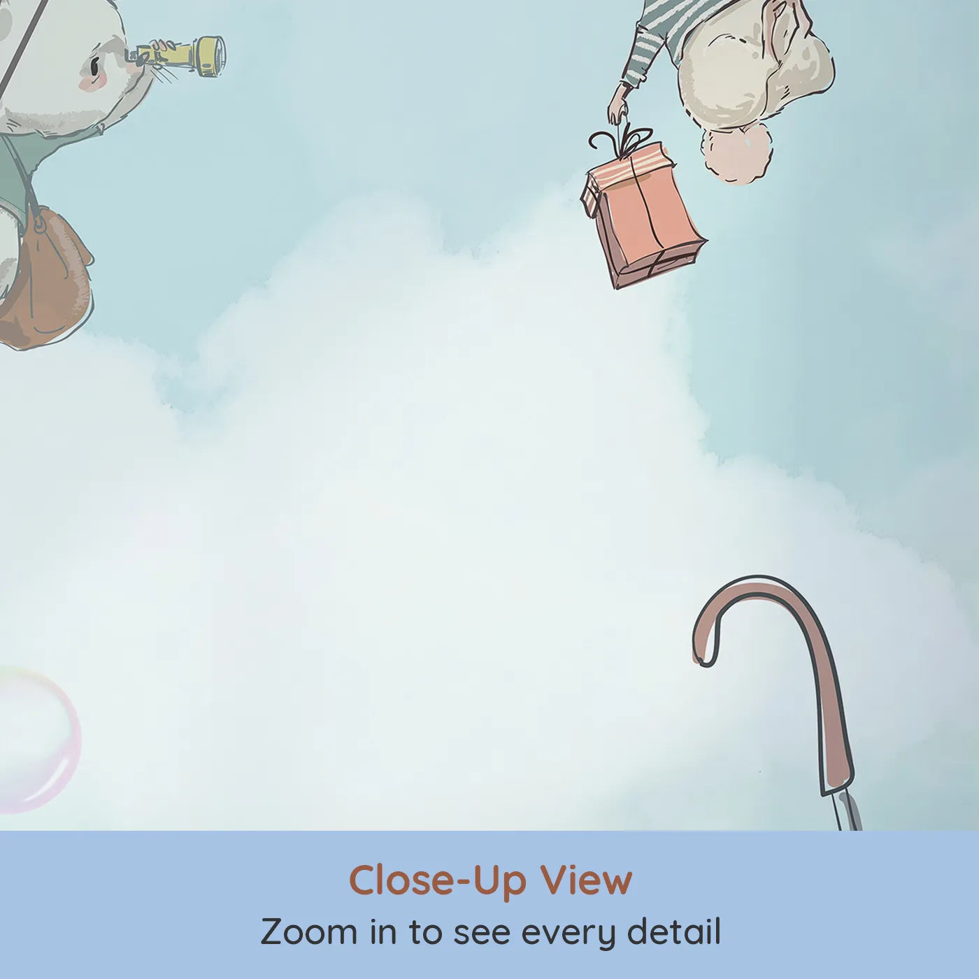 Close-up view of Whimsy Tots' Sky High Friends Wall Mural in Blue (Turn Their Room into a Sweet Fairytale Adventure).Best for Girls