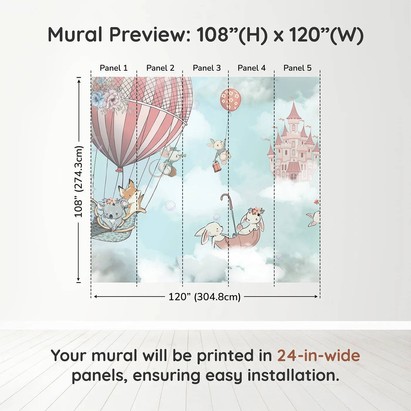 Whimsy Tots Sky High Friends Wall Mural in Bluedimension view (108" H x 120" W). Printed in five 24-inch-wide panels. Best for Girls