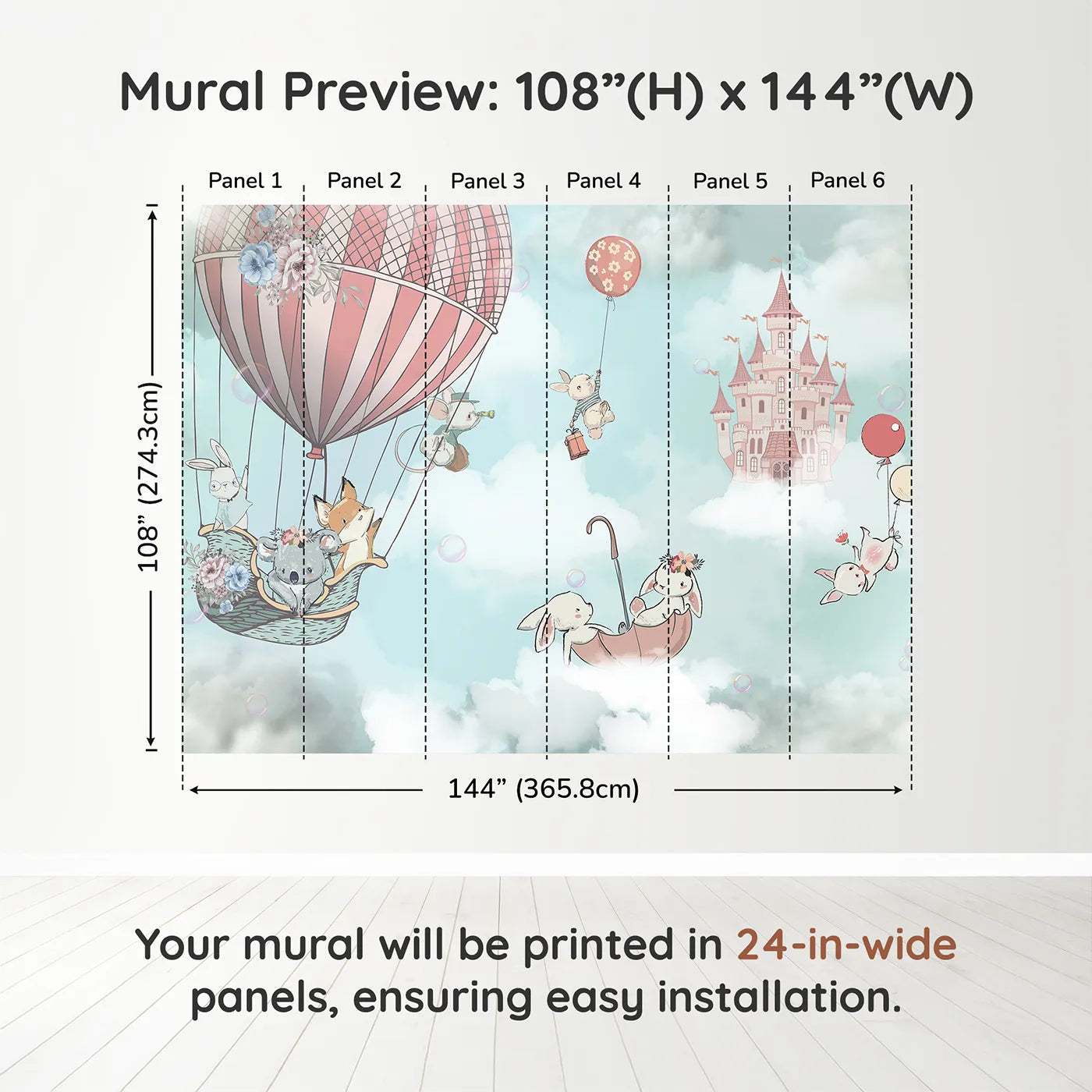 Whimsy Tots Sky High Friends Wall Mural in Bluedimension view (108" H x 144" W). Printed in six 24-inch-wide panels. Best for Girls