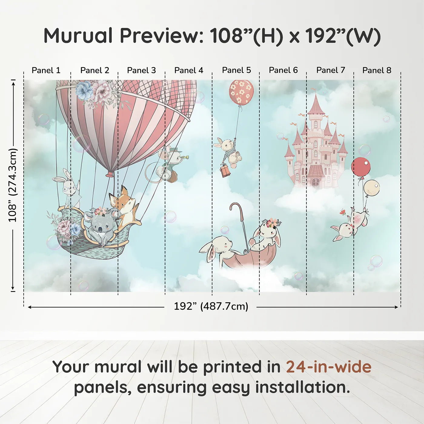 Whimsy Tots Sky High Friends Wall Mural in Bluedimension view (108" H x 192" W). Printed in eight 24-inch-wide panels. Best for Girls