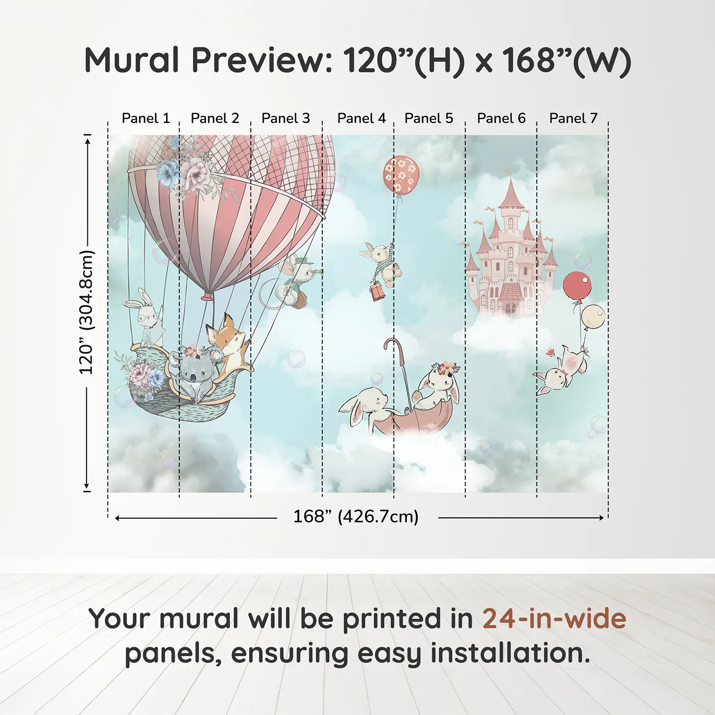 Whimsy Tots Sky High Friends Wall Mural in Bluedimension view (120" H x 168" W). Printed in seven 24-inch-wide panels. Best for Girls