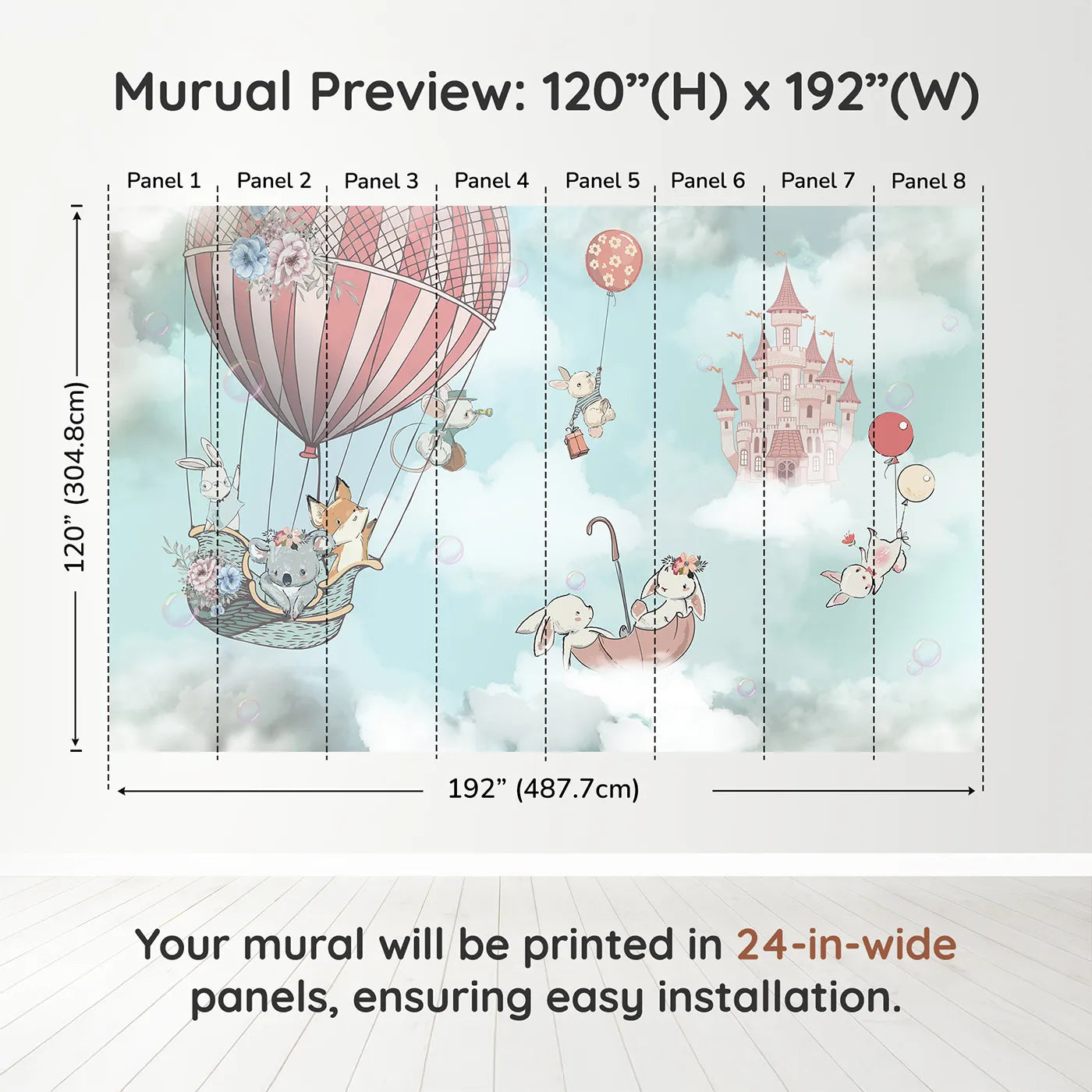 Whimsy Tots Sky High Friends Wall Mural in Bluedimension view (120" H x 192" W). Printed in eight 24-inch-wide panels. Best for Girls