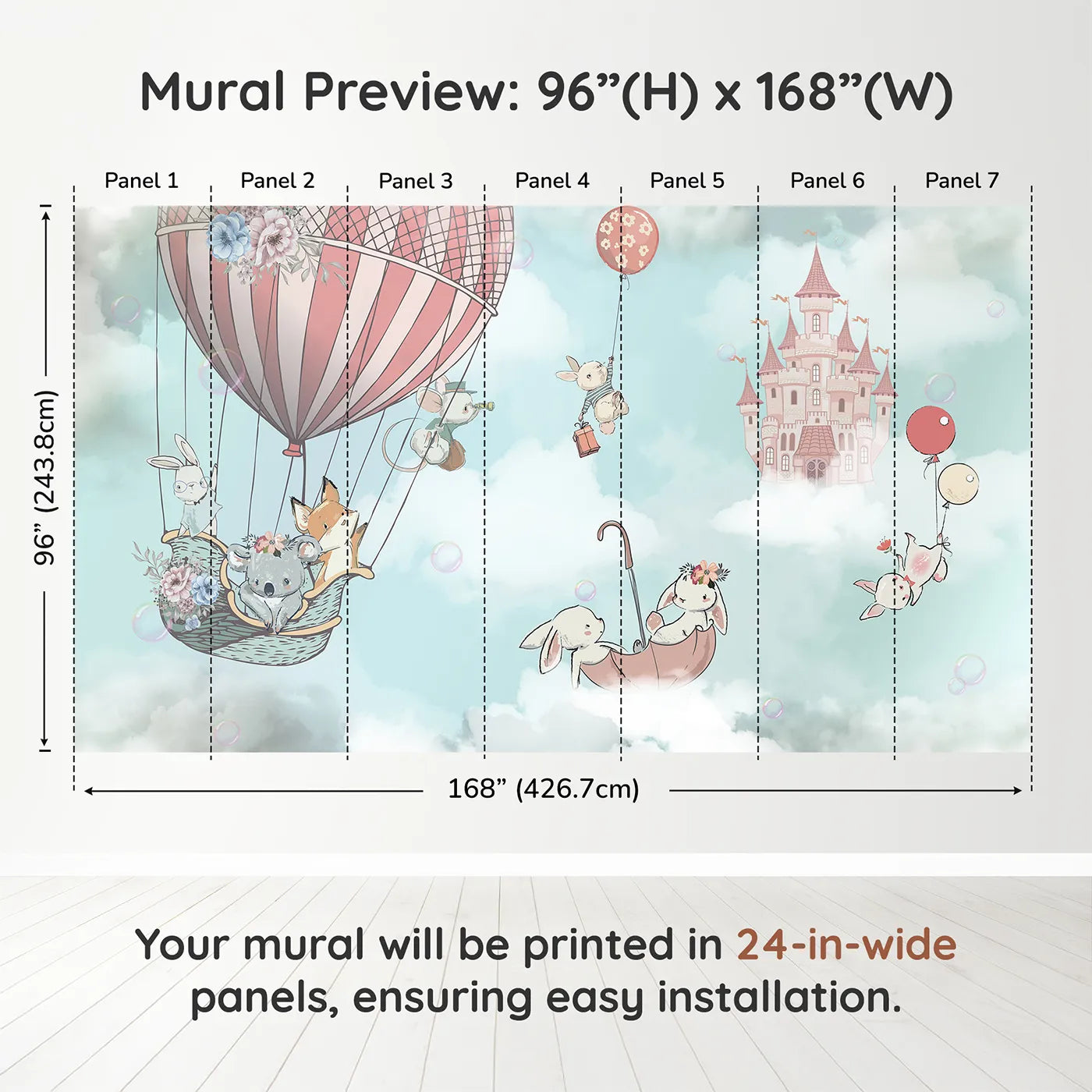 Whimsy Tots Sky High Friends Wall Mural in Bluedimension view (96" H x 168" W). Printed in seven 24-inch-wide panels. Best for Girls