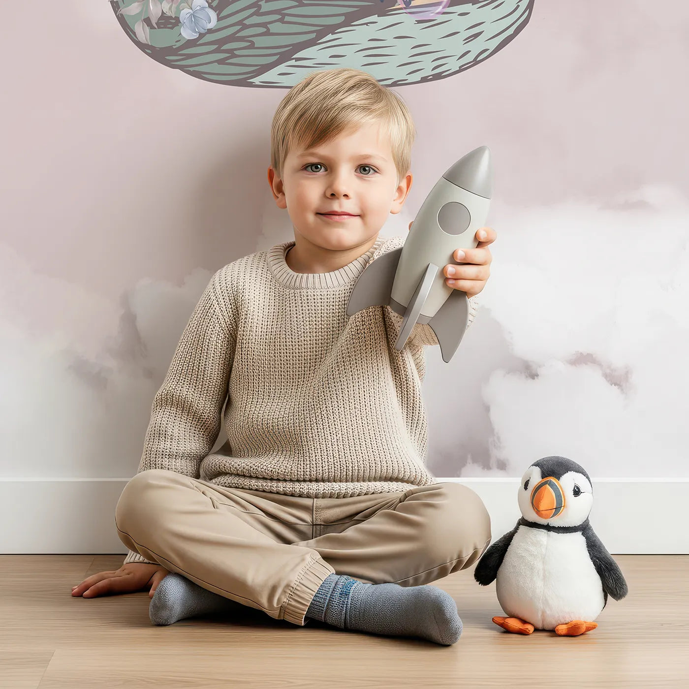 Child in front of Whimsy Tots Sky High Friends Wall Mural in Pink with animal, balloon, castle, cloud, cute, fantasy, rabbit, whimsical in design.