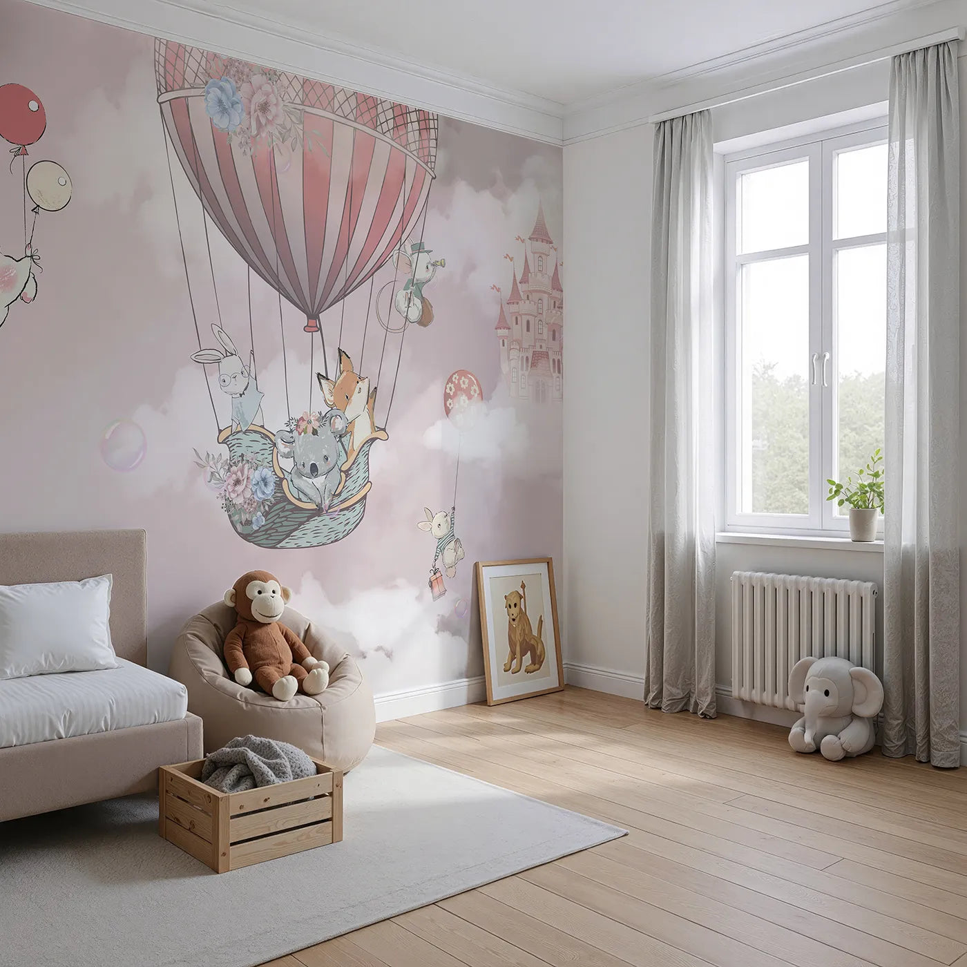 Angled view of Whimsy Tots' Sky High Friends Wall Mural in Pink (Turn Their Room into a Sweet Fairytale Adventure).Best for Girls