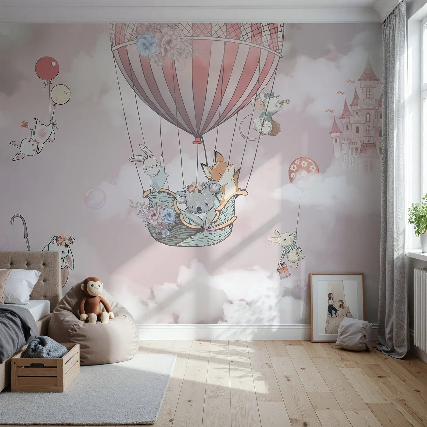 Front view of Whimsy Tots' Sky High Friends Wall Mural in Pink