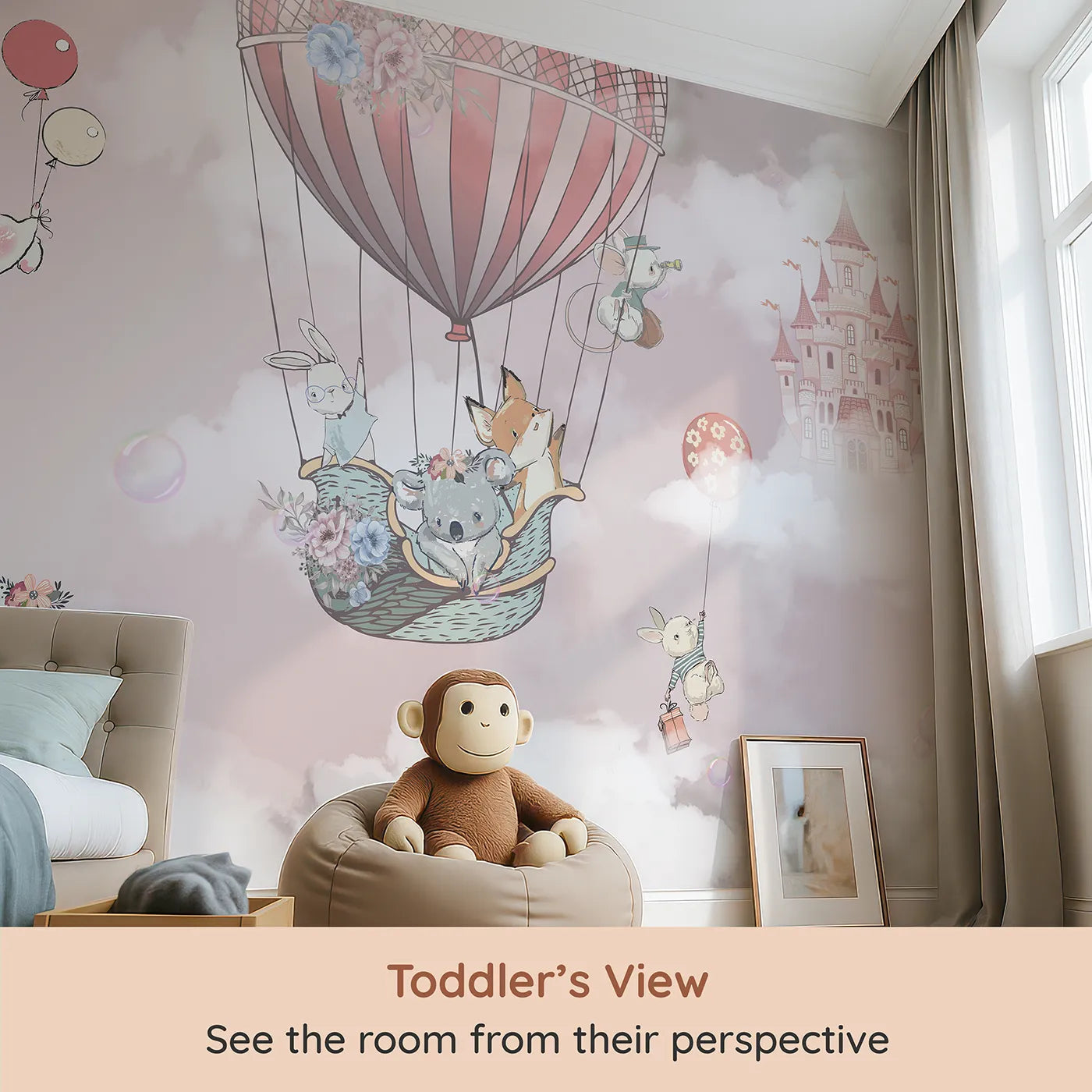 Whimsy Tots Sky High Friends Wall Mural in Pink (Turn Their Room into a Sweet Fairytale Adventure) from your child's view.Best for Girls