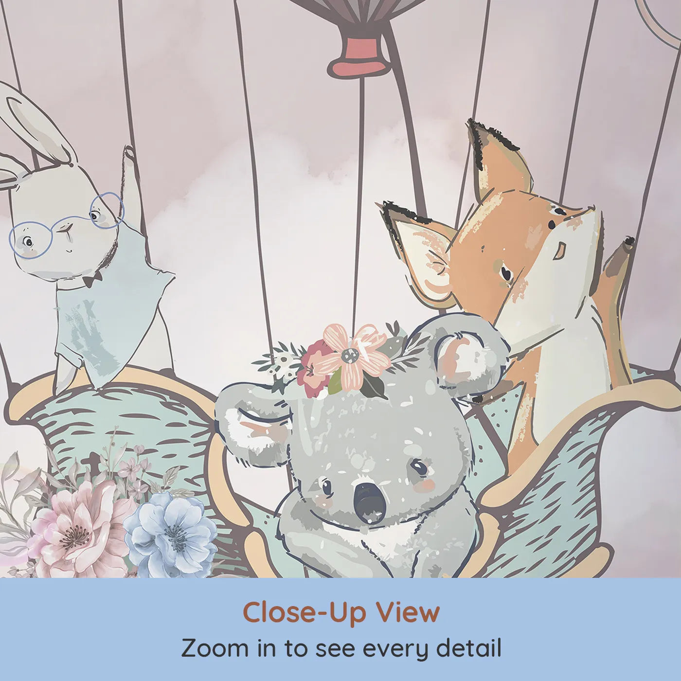 Close-up view of Whimsy Tots' Sky High Friends Wall Mural in Pink (Turn Their Room into a Sweet Fairytale Adventure).Best for Girls