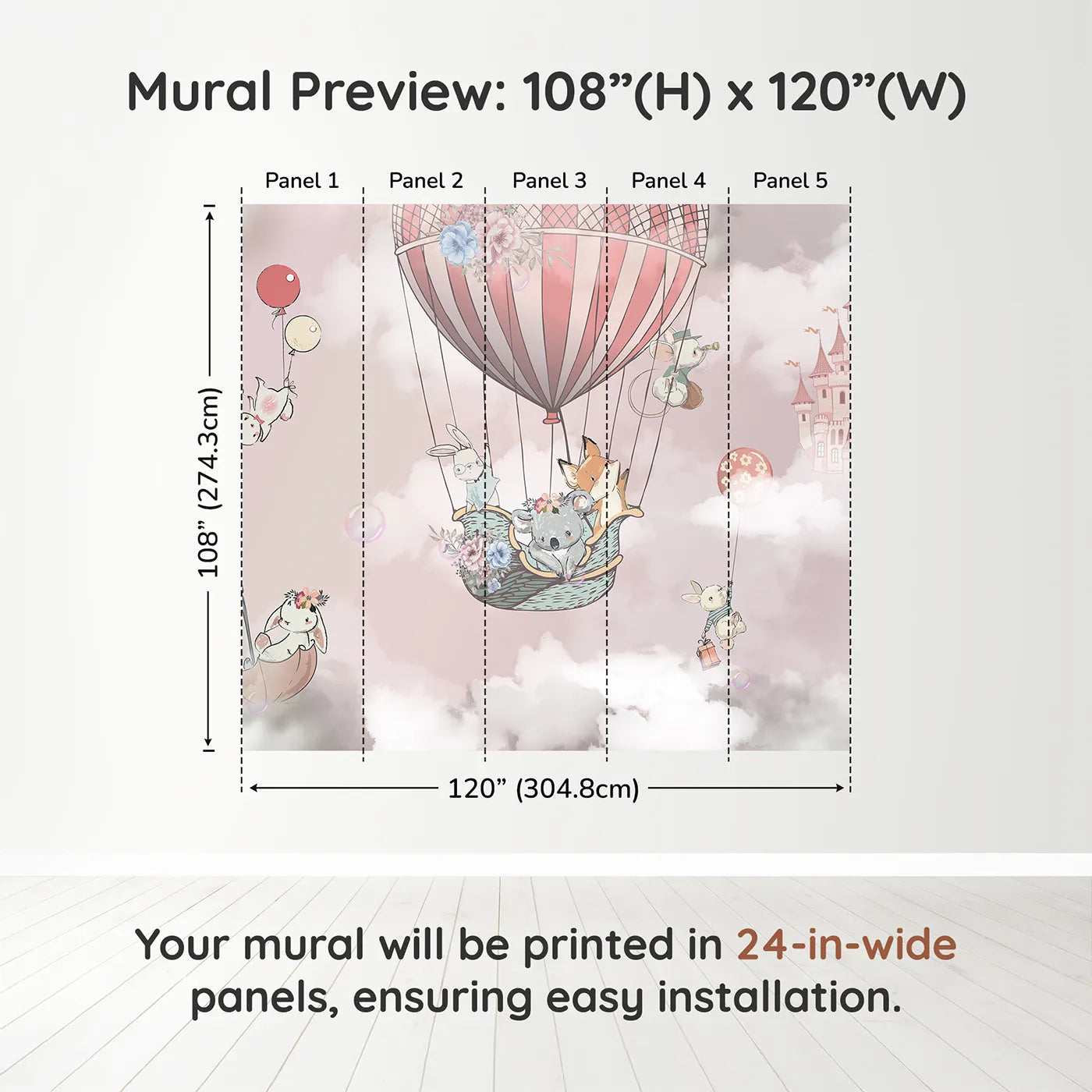 Whimsy Tots Sky High Friends Wall Mural in Pinkdimension view (108" H x 120" W). Printed in five 24-inch-wide panels. Best for Girls