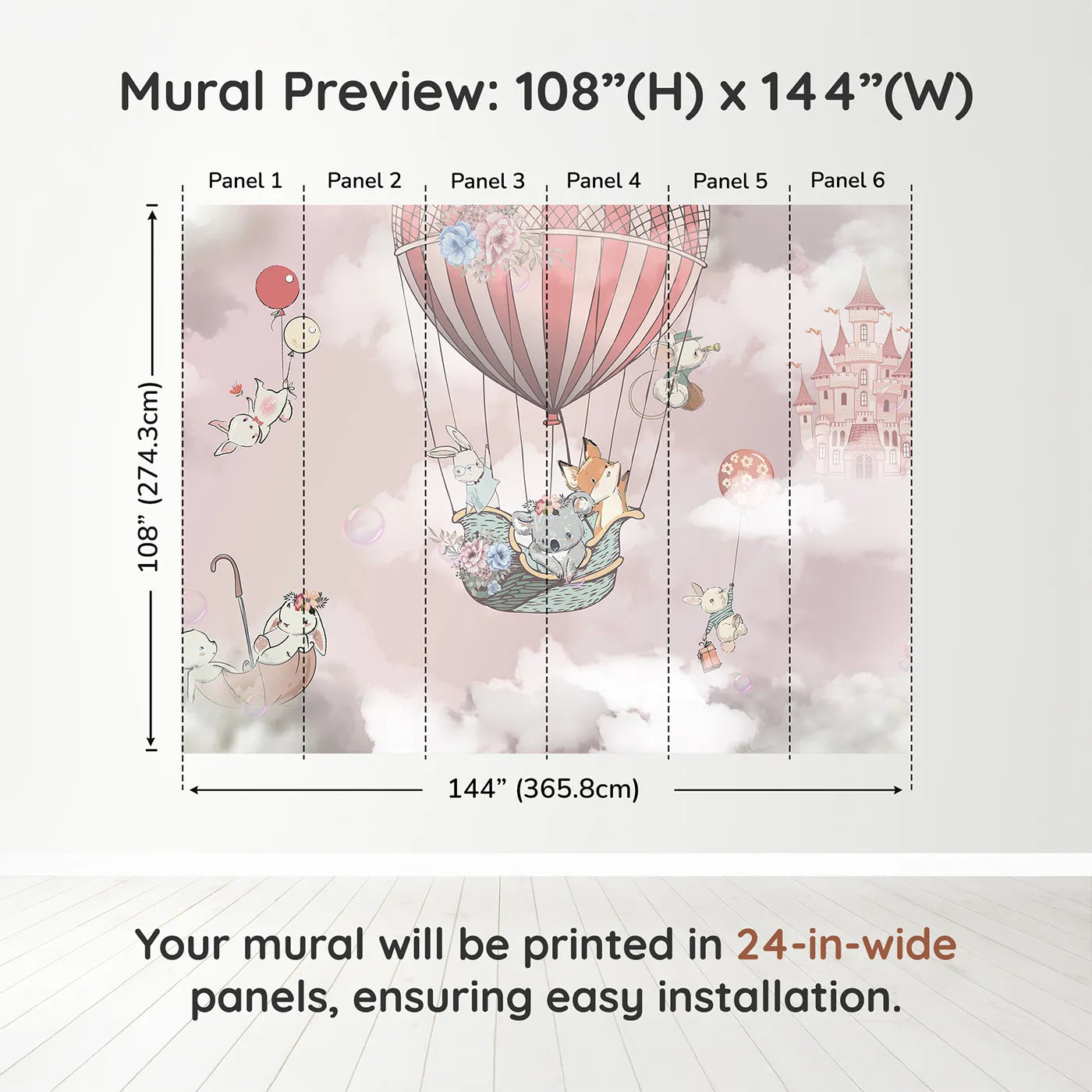 Whimsy Tots Sky High Friends Wall Mural in Pinkdimension view (108" H x 144" W). Printed in six 24-inch-wide panels. Best for Girls