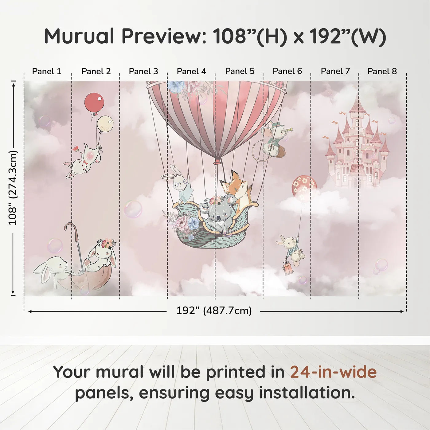 Whimsy Tots Sky High Friends Wall Mural in Pinkdimension view (108" H x 192" W). Printed in eight 24-inch-wide panels. Best for Girls