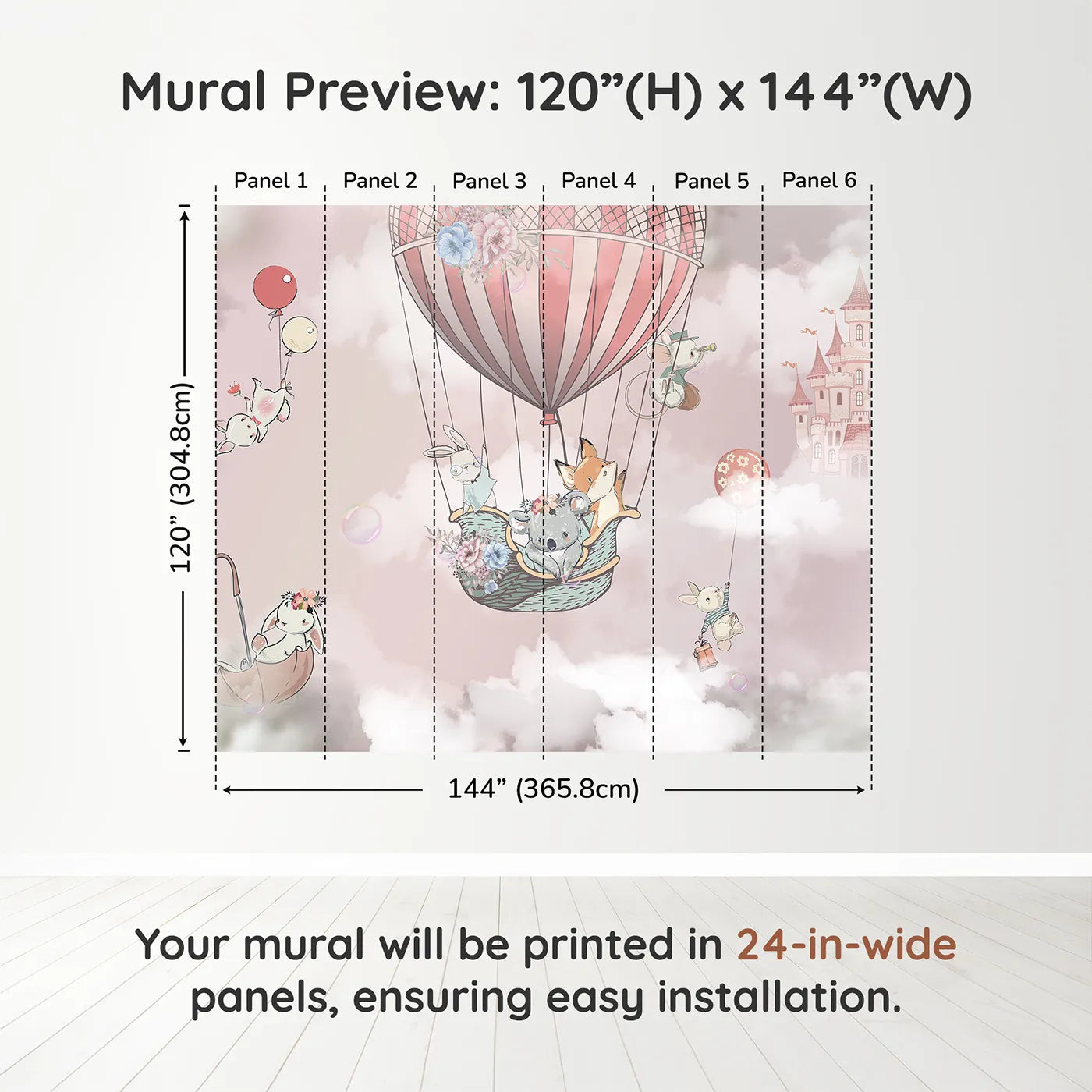 Whimsy Tots Sky High Friends Wall Mural in Pinkdimension view (120" H x 144" W). Printed in six 24-inch-wide panels. Best for Girls