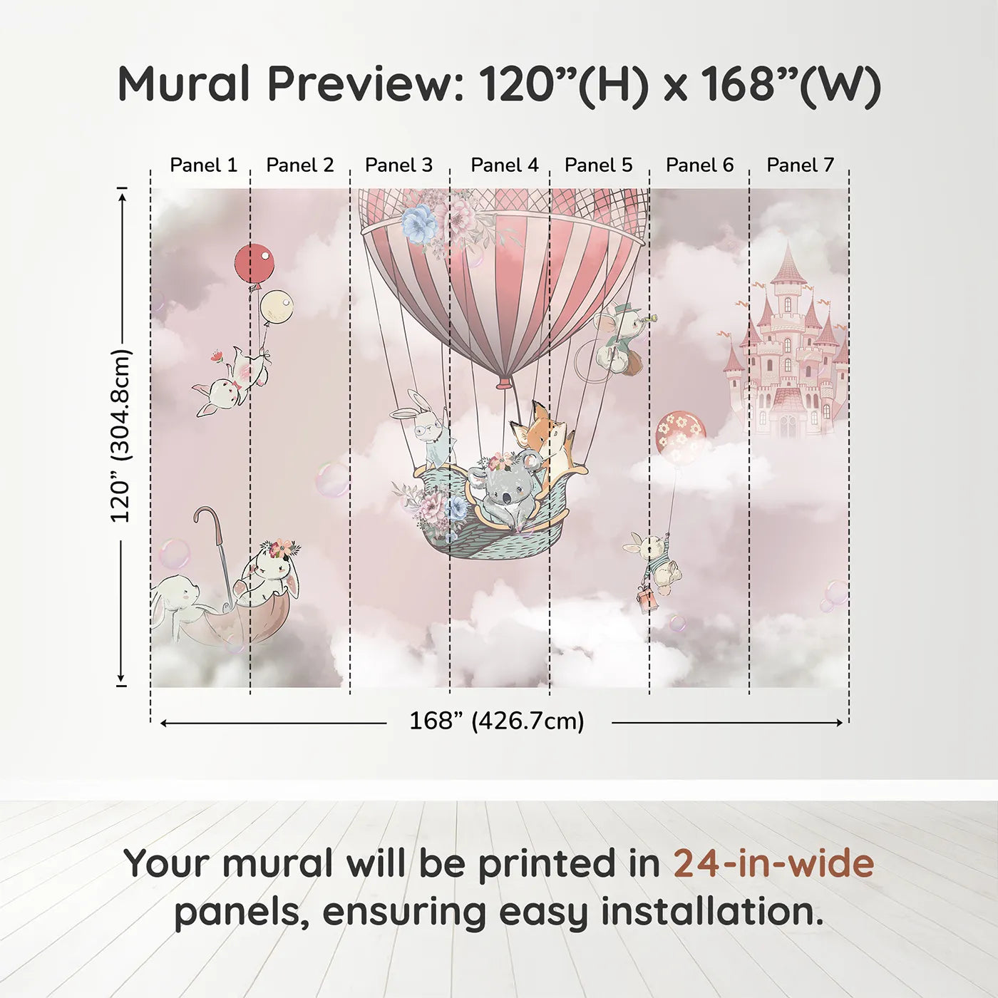 Whimsy Tots Sky High Friends Wall Mural in Pinkdimension view (120" H x 168" W). Printed in seven 24-inch-wide panels. Best for Girls