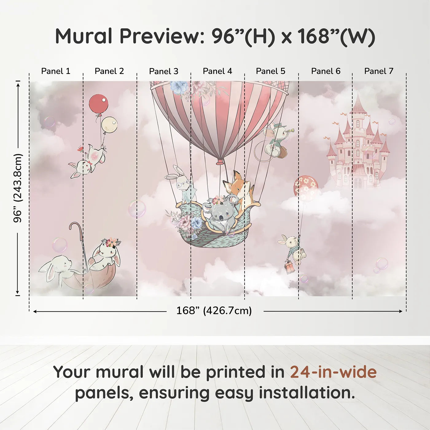 Whimsy Tots Sky High Friends Wall Mural in Pinkdimension view (96" H x 168" W). Printed in seven 24-inch-wide panels. Best for Girls