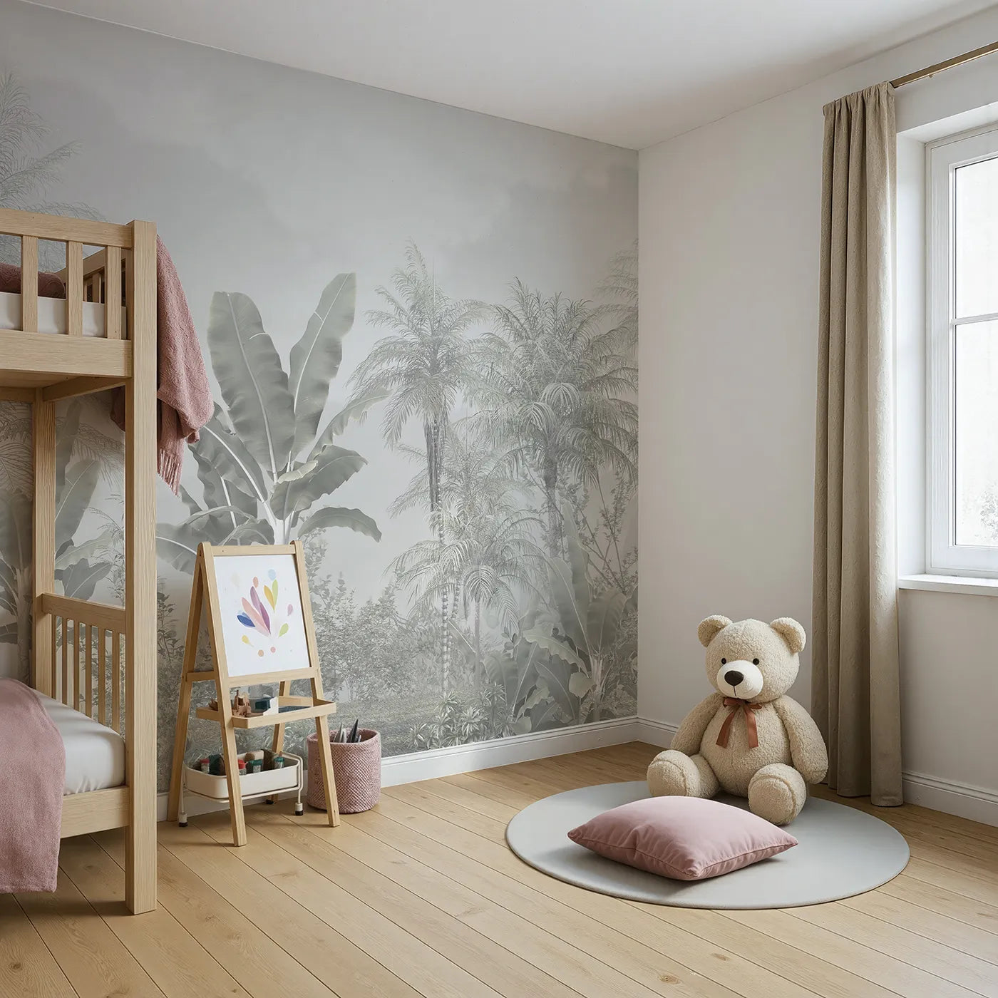 Angled view of Whimsy Tots' Misty White Jungle Wall Mural (Turn Their Room into an Ethereal, Ghostly Rainforest).Gender-Neutral