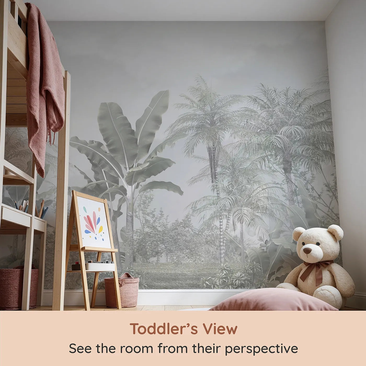 Whimsy Tots Misty White Jungle Wall Mural (Turn Their Room into an Ethereal, Ghostly Rainforest) from your child's view.Gender-Neutral