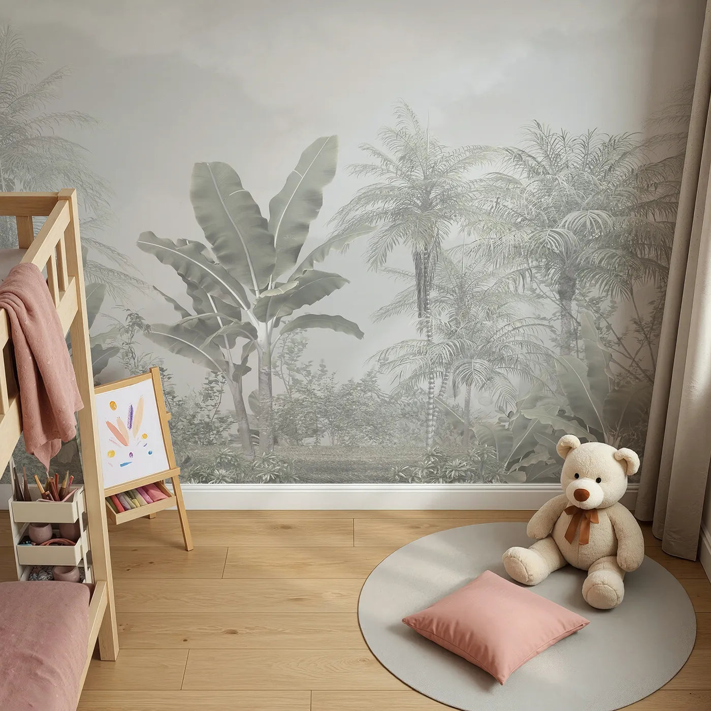 Top-down view of Whimsy Tots' Misty White Jungle Wall Mural (Turn Their Room into an Ethereal, Ghostly Rainforest).Gender-Neutral