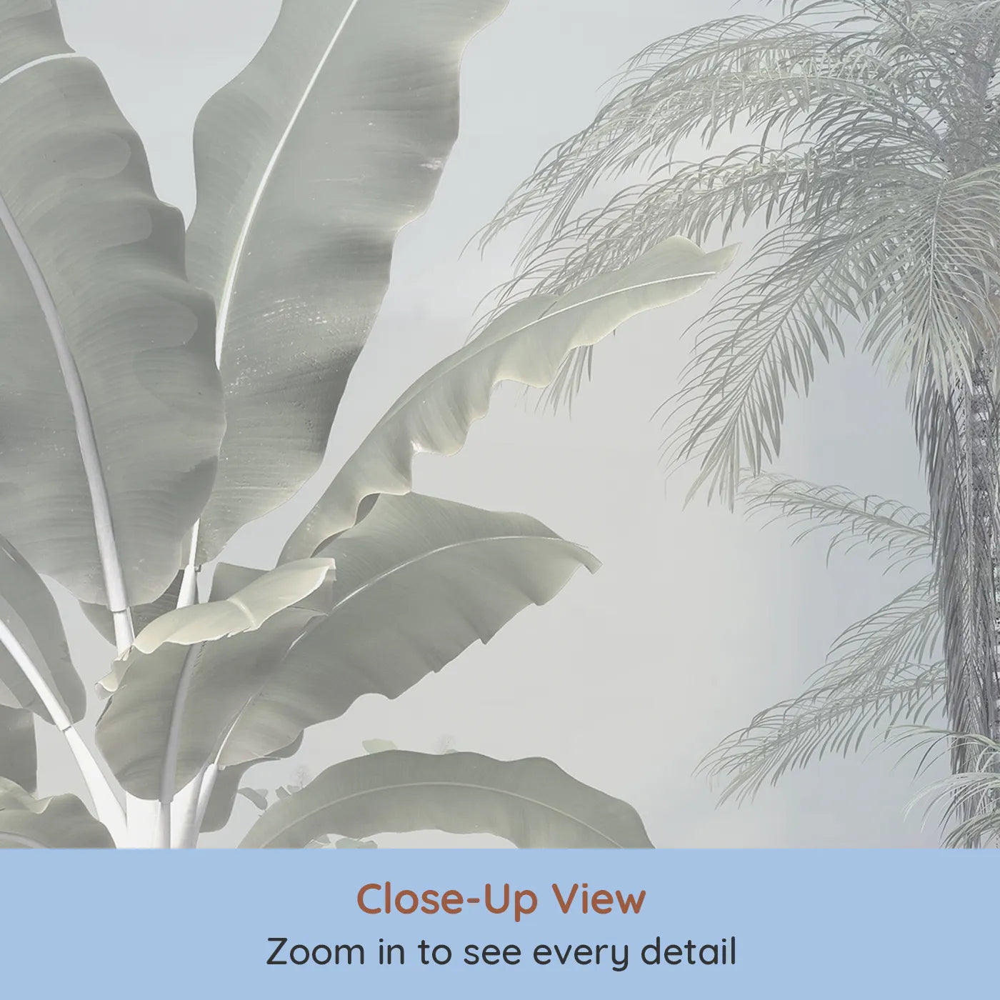 Close-up view of Whimsy Tots' Misty White Jungle Wall Mural (Turn Their Room into an Ethereal, Ghostly Rainforest).Gender-Neutral