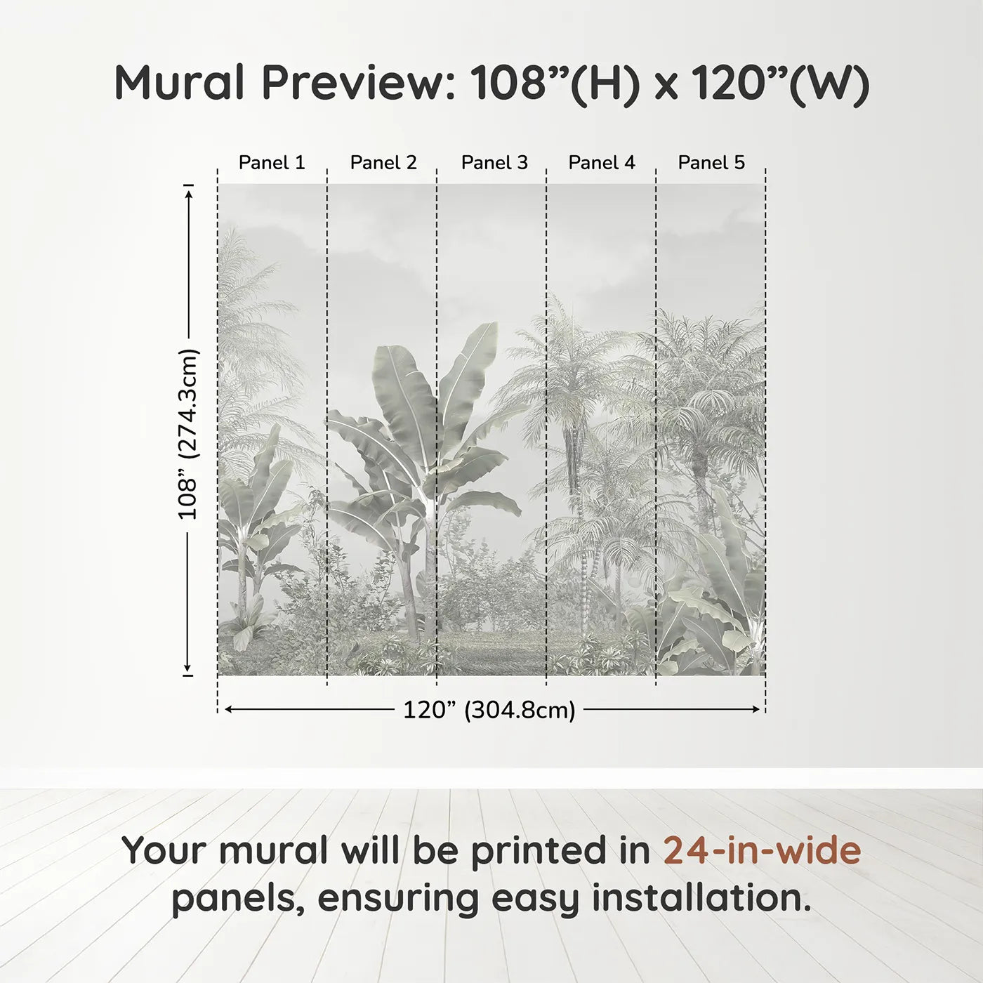 Whimsy Tots Misty White Jungle Wall Muraldimension view (108" H x 120" W). Printed in five 24-inch-wide panels. Gender-Neutral