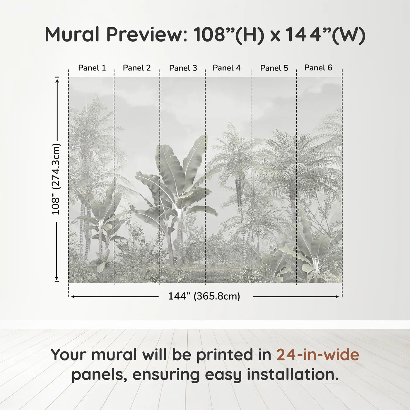 Whimsy Tots Misty White Jungle Wall Muraldimension view (108" H x 144" W). Printed in six 24-inch-wide panels. Gender-Neutral