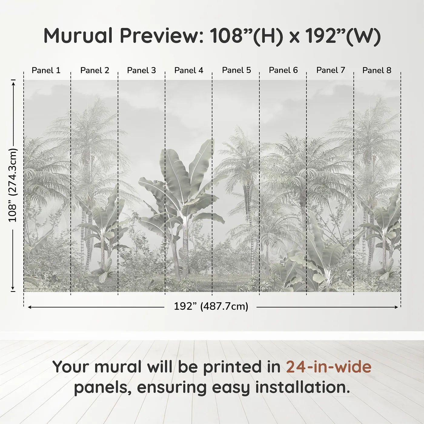 Whimsy Tots Misty White Jungle Wall Muraldimension view (108" H x 192" W). Printed in eight 24-inch-wide panels. Gender-Neutral