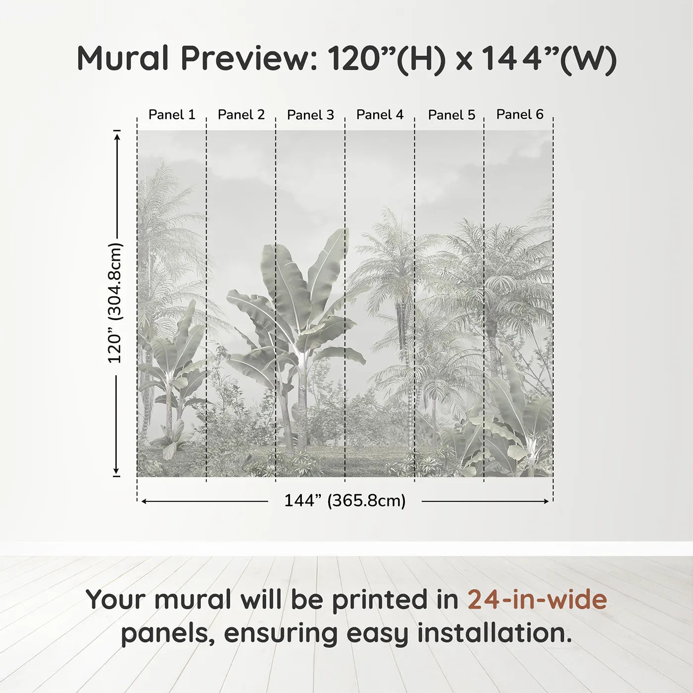 Whimsy Tots Misty White Jungle Wall Muraldimension view (120" H x 144" W). Printed in six 24-inch-wide panels. Gender-Neutral