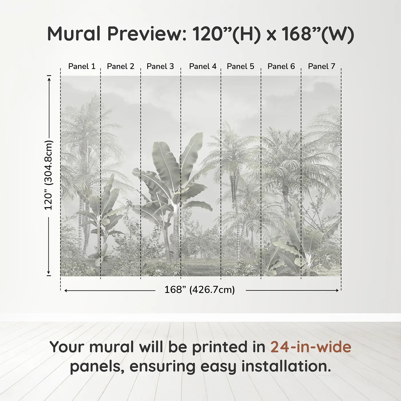 Whimsy Tots Misty White Jungle Wall Muraldimension view (120" H x 168" W). Printed in seven 24-inch-wide panels. Gender-Neutral