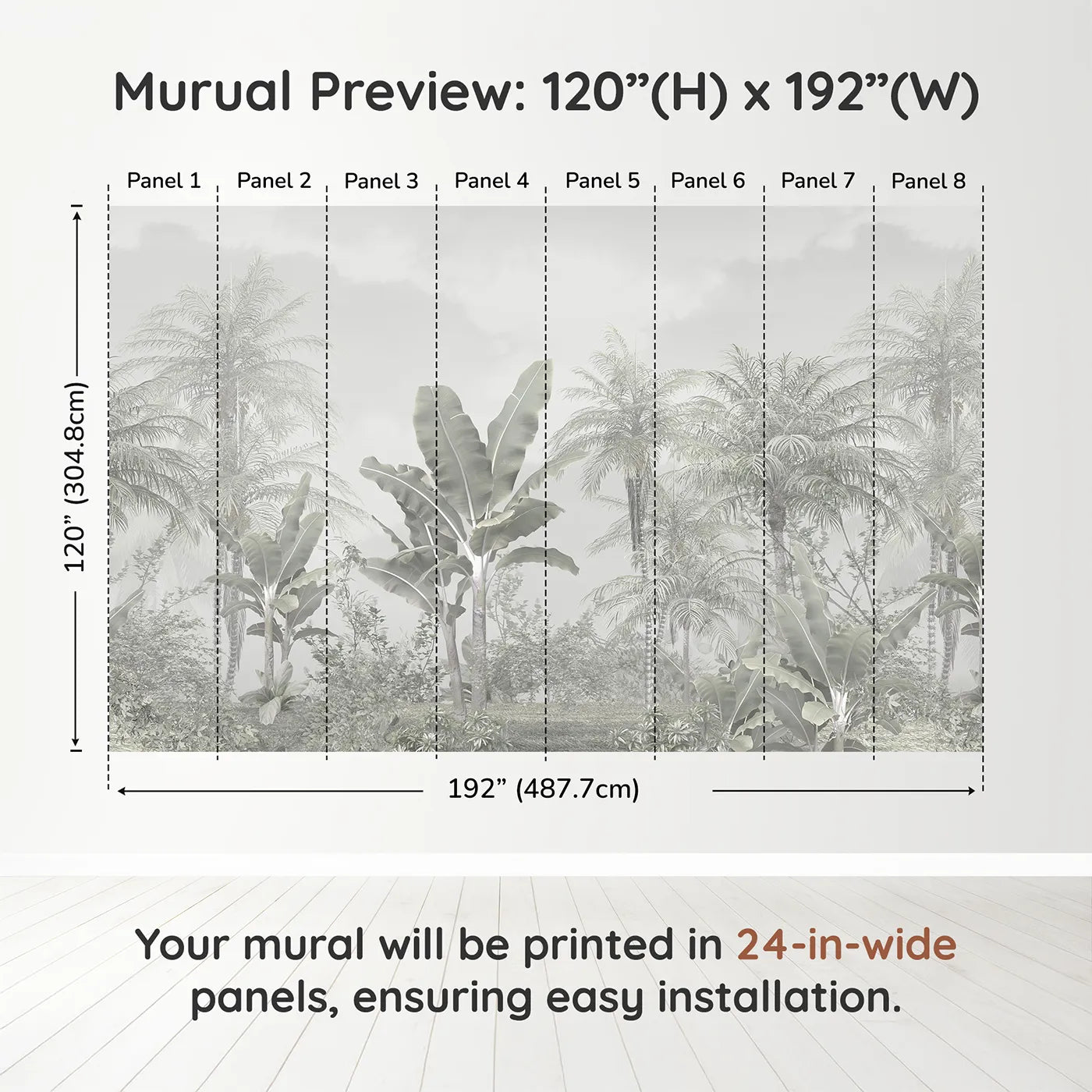 Whimsy Tots Misty White Jungle Wall Muraldimension view (120" H x 192" W). Printed in eight 24-inch-wide panels. Gender-Neutral