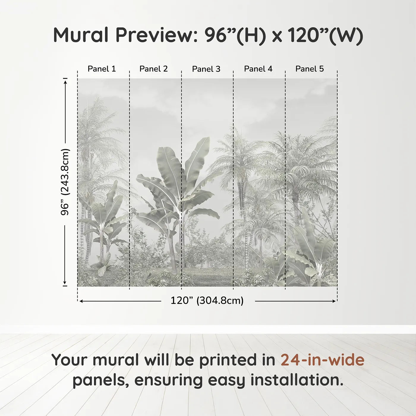 Whimsy Tots Misty White Jungle Wall Muraldimension view (96" H x 120" W). Printed in five 24-inch-wide panels. Gender-Neutral