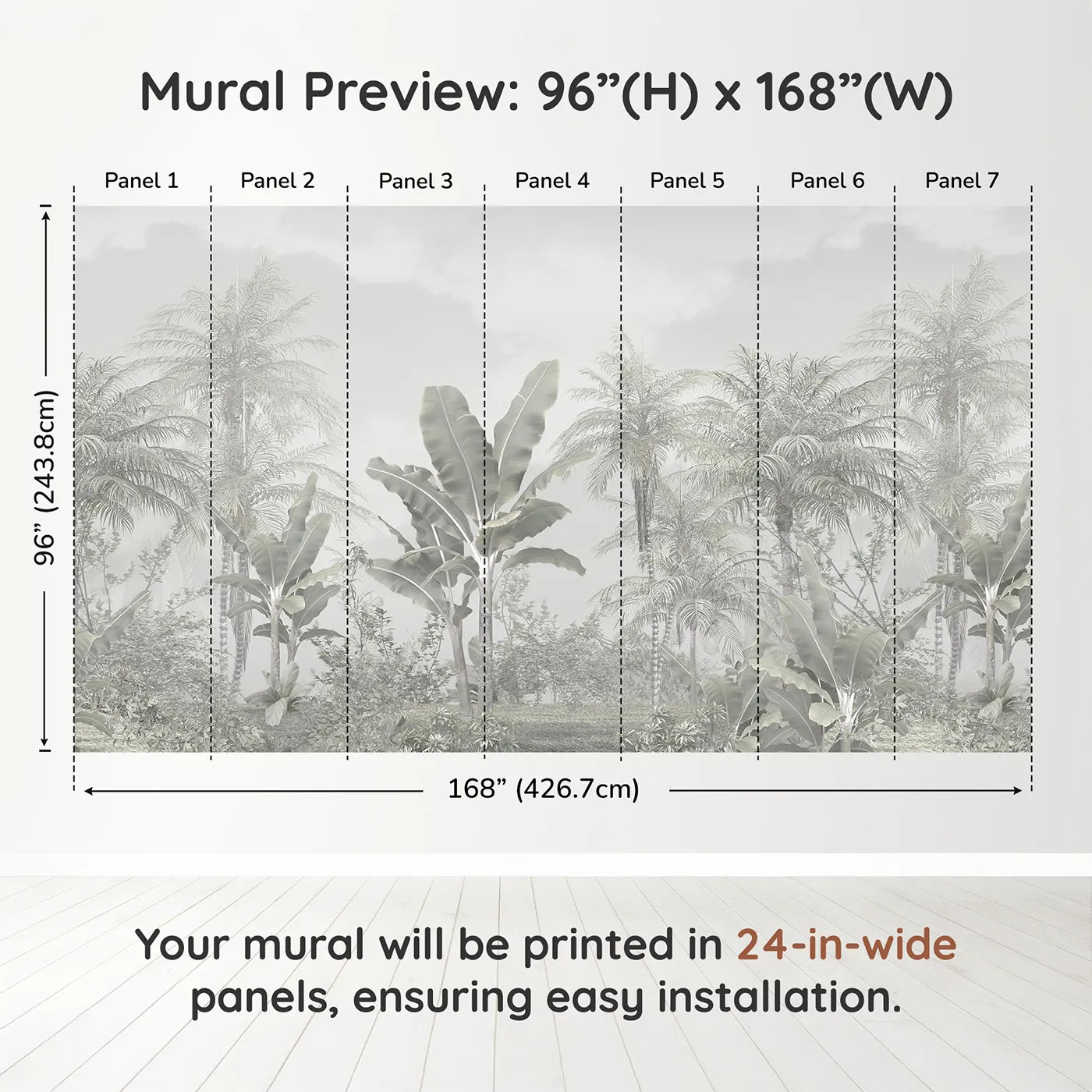 Whimsy Tots Misty White Jungle Wall Muraldimension view (96" H x 168" W). Printed in seven 24-inch-wide panels. Gender-Neutral