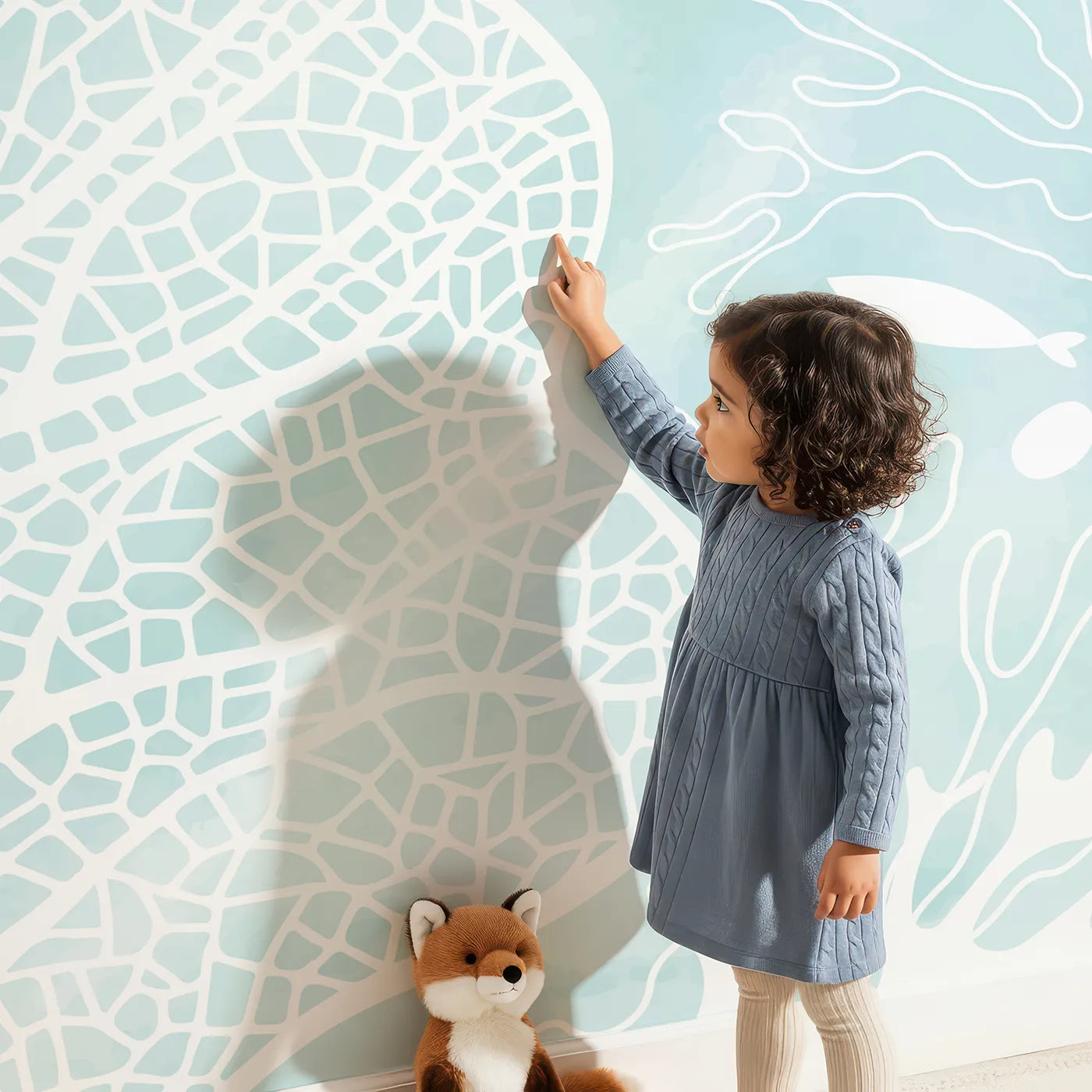 Child in front of Whimsy Tots Teal Coral Reef Wall Mural with coral, ocean, sea, watercolor, teal, abstract, line art, modern in design.