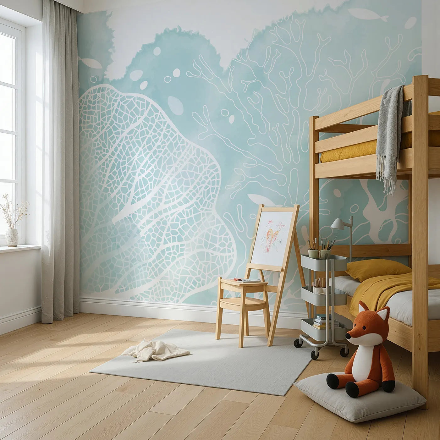 Angled view of Whimsy Tots' Teal Coral Reef Wall Mural (Turn Their Room into a Modern, Artistic Seascape).Gender-Neutral