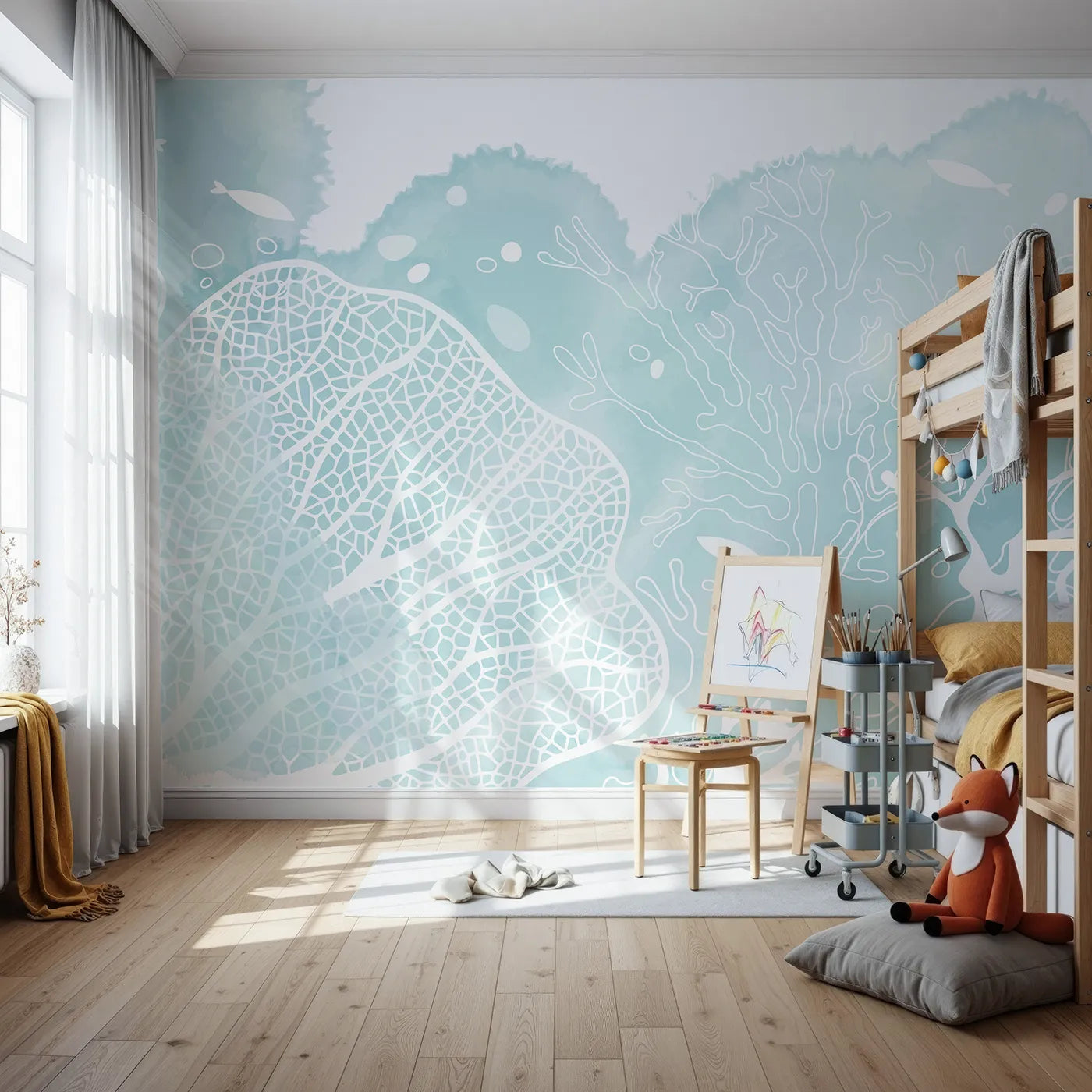 Front view of Whimsy Tots' Teal Coral Reef Wall Mural