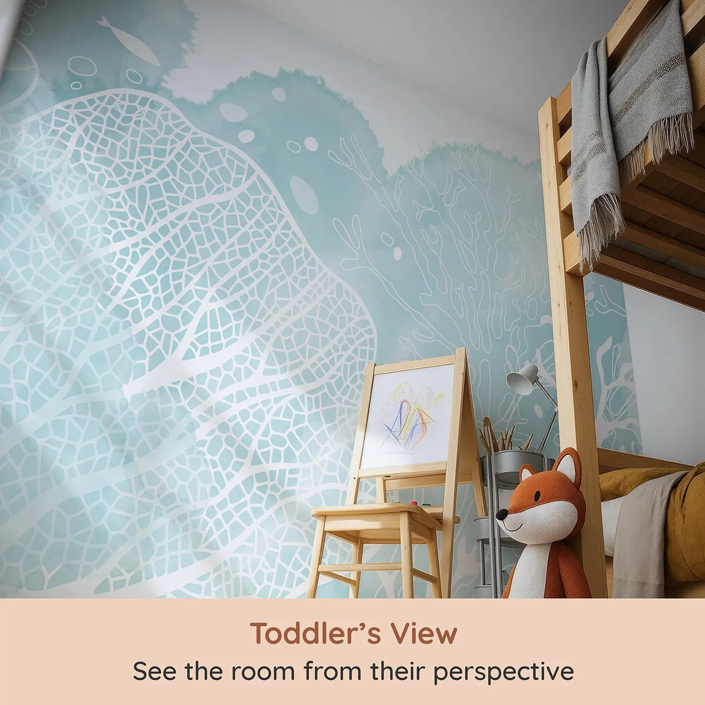 Whimsy Tots Teal Coral Reef Wall Mural (Turn Their Room into a Modern, Artistic Seascape) from your child's view.Gender-Neutral