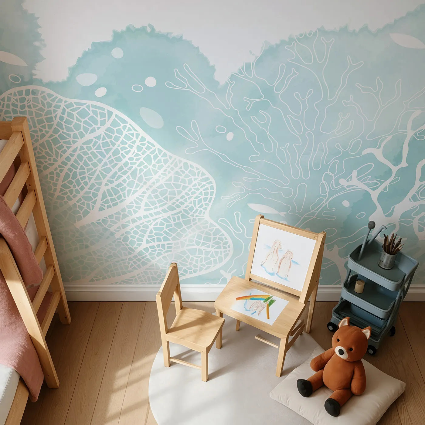 Top-down view of Whimsy Tots' Teal Coral Reef Wall Mural (Turn Their Room into a Modern, Artistic Seascape).Gender-Neutral