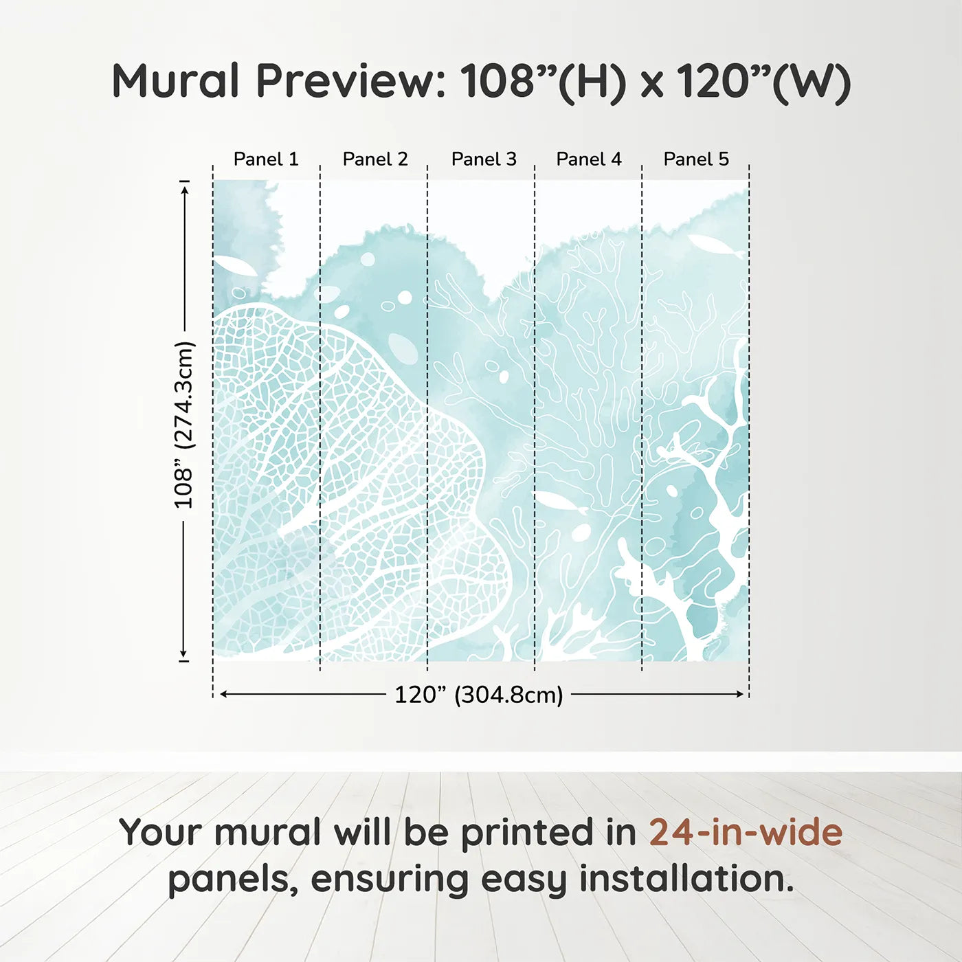 Whimsy Tots Teal Coral Reef Wall Muraldimension view (108" H x 120" W). Printed in five 24-inch-wide panels. Gender-Neutral