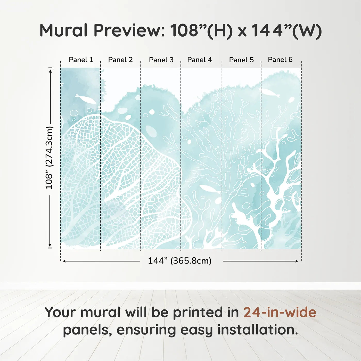 Whimsy Tots Teal Coral Reef Wall Muraldimension view (108" H x 144" W). Printed in six 24-inch-wide panels. Gender-Neutral