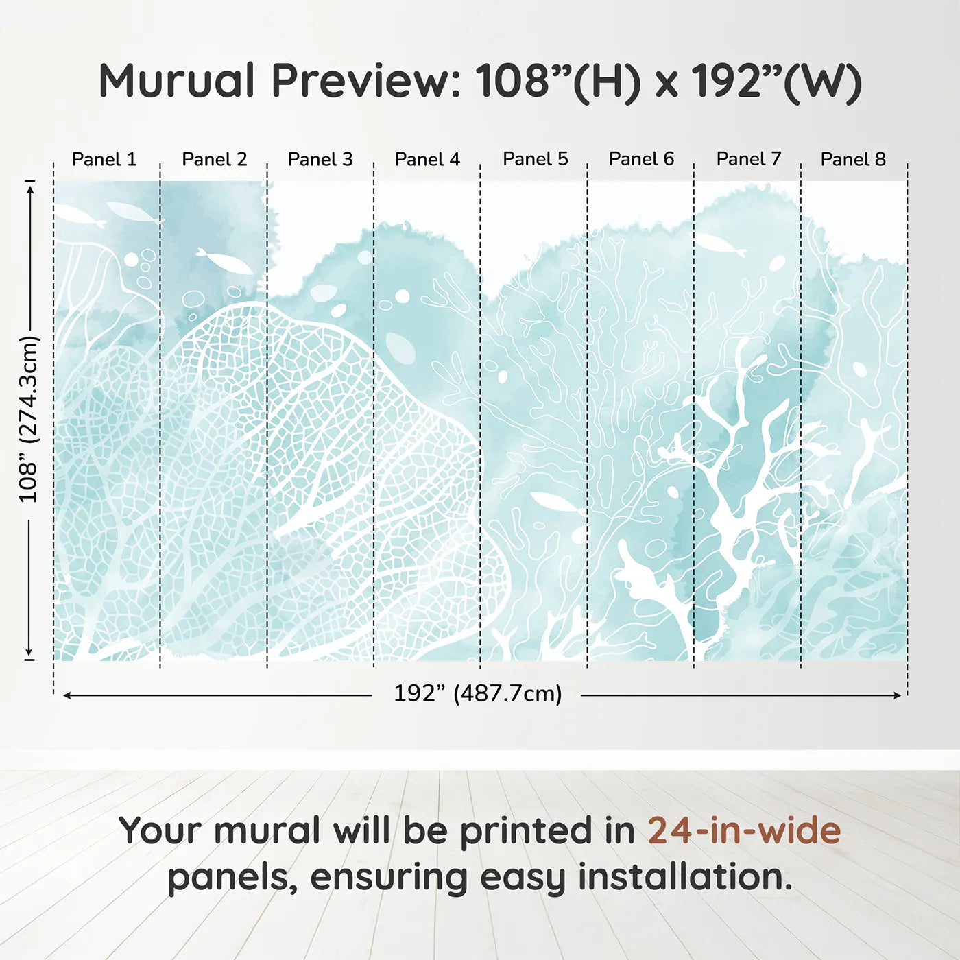 Whimsy Tots Teal Coral Reef Wall Muraldimension view (108" H x 192" W). Printed in eight 24-inch-wide panels. Gender-Neutral